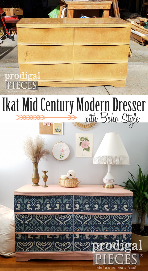 From damaged to Boho beauty, this vintage Ikat Mid Century Modern Dresser Makeover is one you need to see. Full step-by-step video tutorial by Larissa of Prodigal Pieces | prodigalpieces.come #prodigalpieces #diy #furniture #home #homedecor #homedecorideas #bedroom #boho #midcenturymodern #vintage