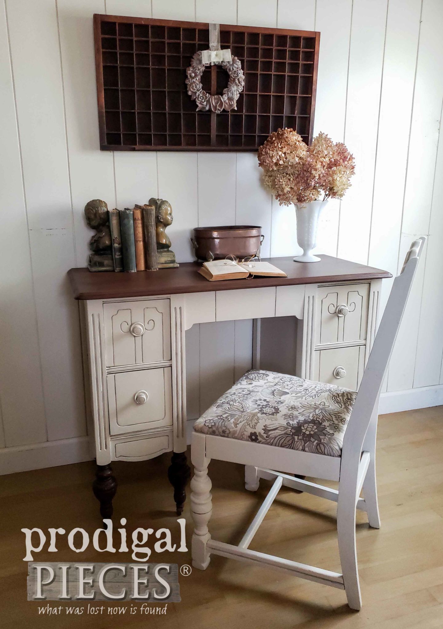 Antique White Desk Set with Upholstered Chair | DIY Makeover by Larissa of Prodigal Pieces | prodigalpieces.com