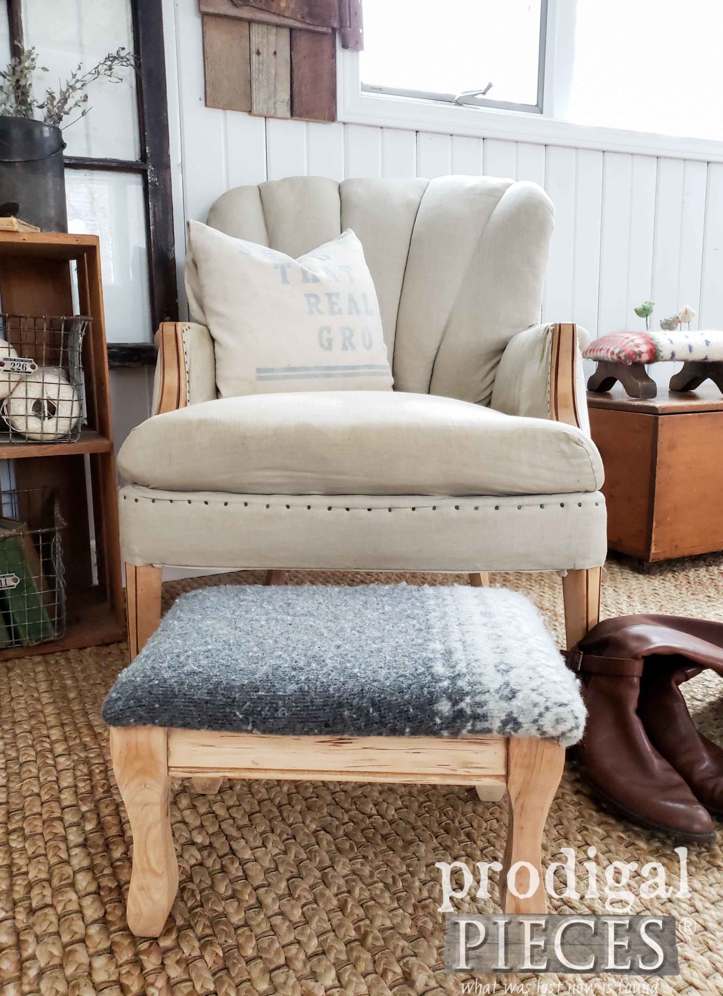 Farmhouse Style Upholstered Footstool with Felted Wool by Larissa of Prodigal Pieces | Video Tutorial at prodigalpieces.com #prodigalpieces #diy #handmade #furniture #home #shopping #homedecor #homedecorideas