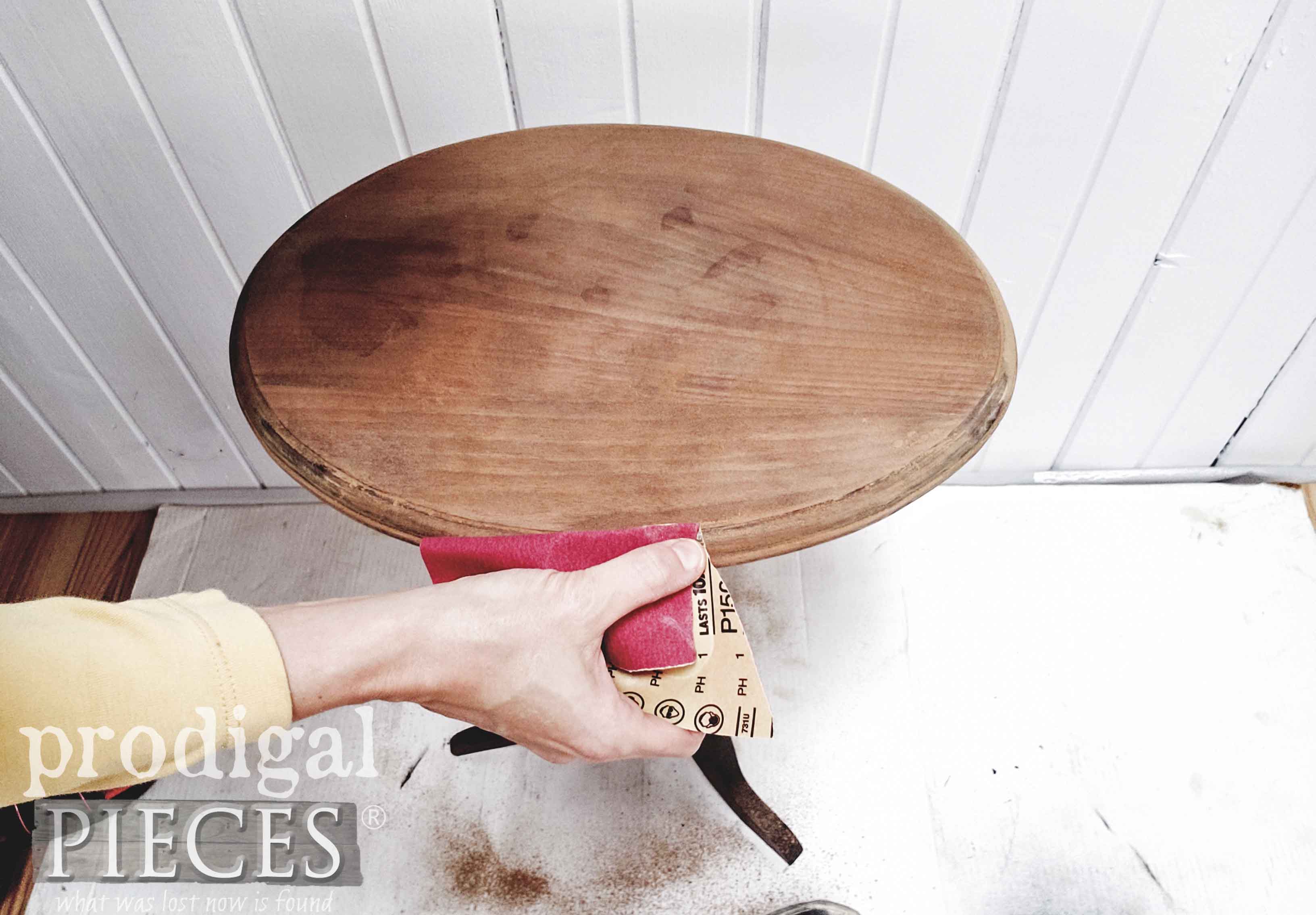 Hand Sanding Vintage Walnut Accent Table | prodigalpieces.com