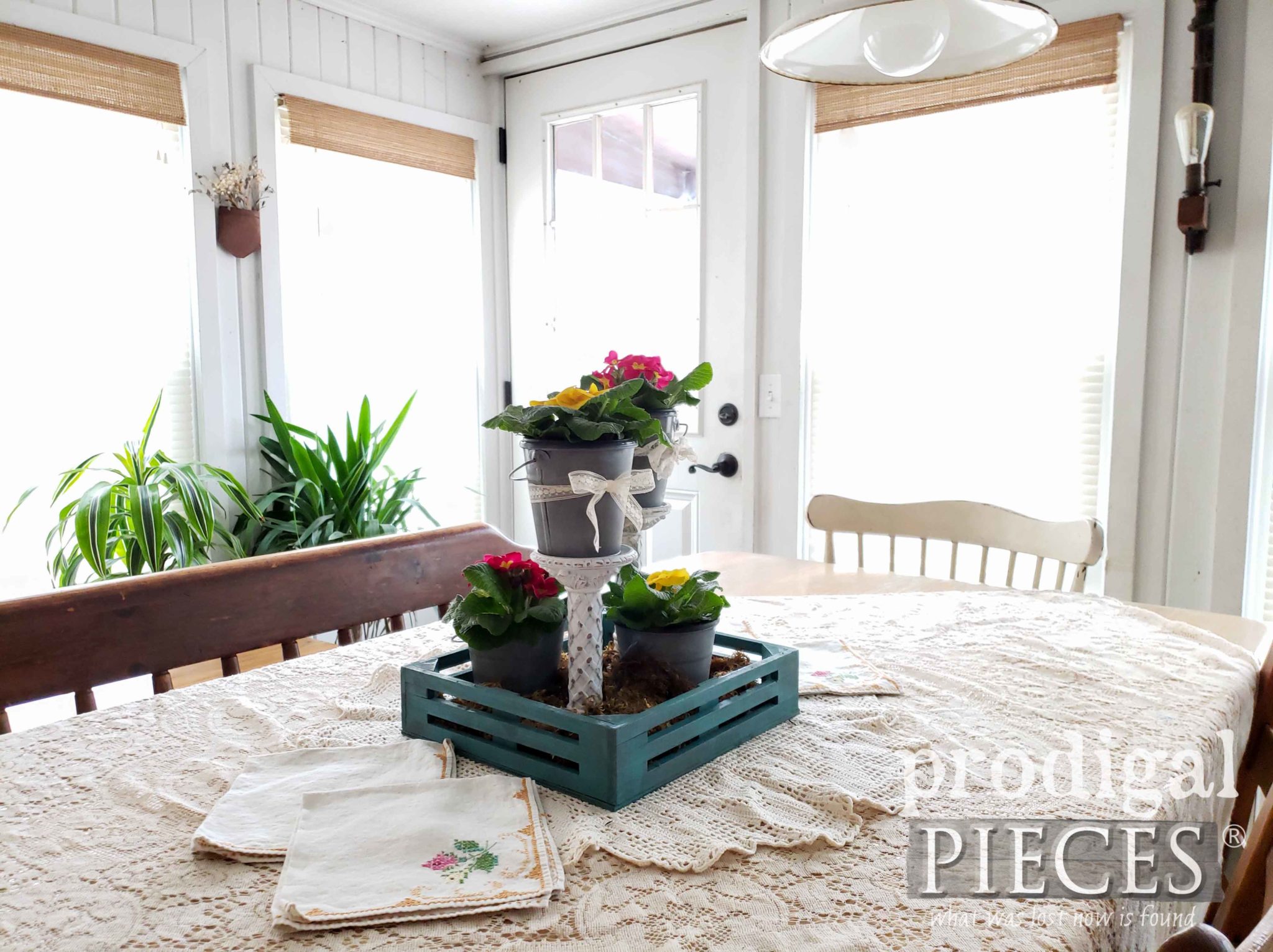 Upcycled DIY Spring Tablescape with Video Tutorial by Larissa of Prodigal Pieces | prodigalpieces.com #prodigalpieces #diy #farmhouse #tablescape #vintage #handmade #homedecor #homedecorideas