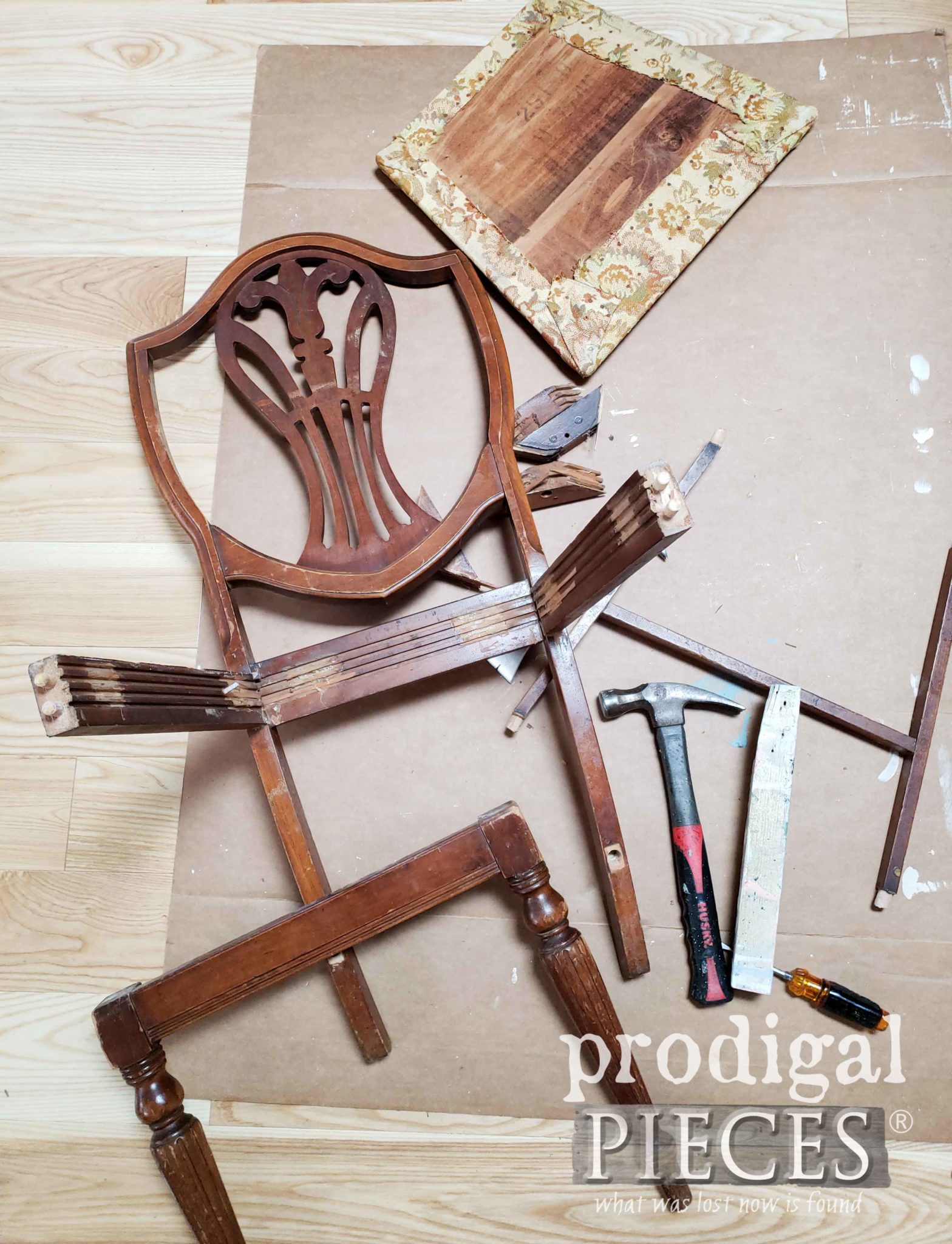 Disassembled Vintage Shield Back Chair Being Repaired by Prodigal Pieces | prodigalpieces.com