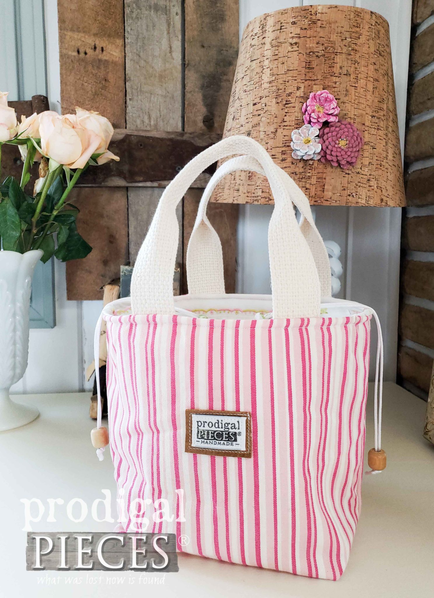 Pink Stripe with Rose Insulated Lunch Bag Tote by Larissa of Prodigal Pieces | Purchase yours at shop.prodigalpieces.com #prodigalpieces #fashion #accessories #handmade #shopping