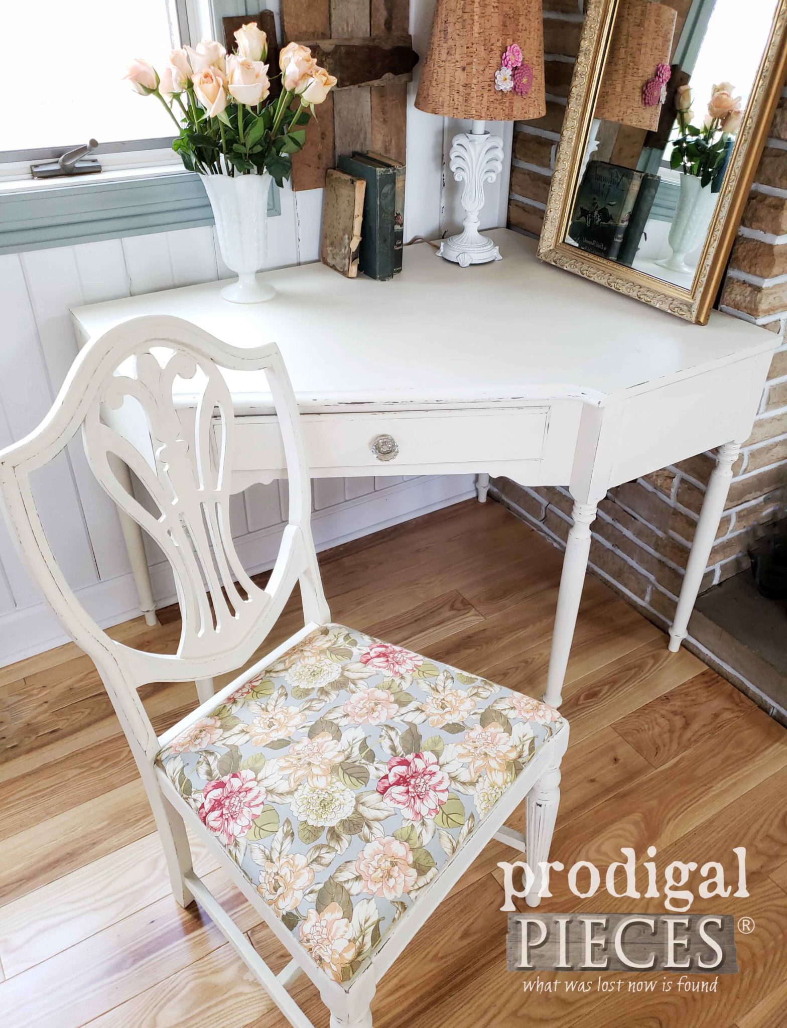 Upholstered Vintage Shield Back Chair with Corner Writing Desk by Larissa of Prodigal Pieces | prodigalpieces.com #prodigalpieces #furniture #shabbychic #home #homedecor #diy #vintage