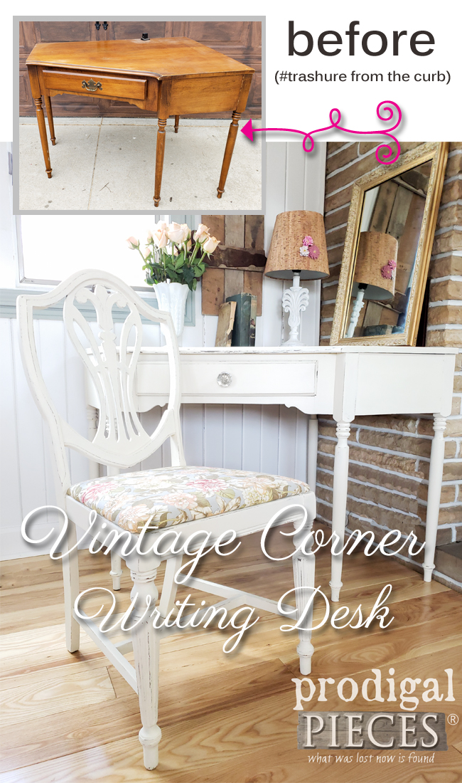 WOW! This vintage corner writing desk was found curbside and needed some TLC. Larissa of Prodigal Pieces restored it and matched it up with an upholstered chair. See the makeover at prodigalpieces.com #prodigalpieces #furniture #diy #home #homedecor #vintage