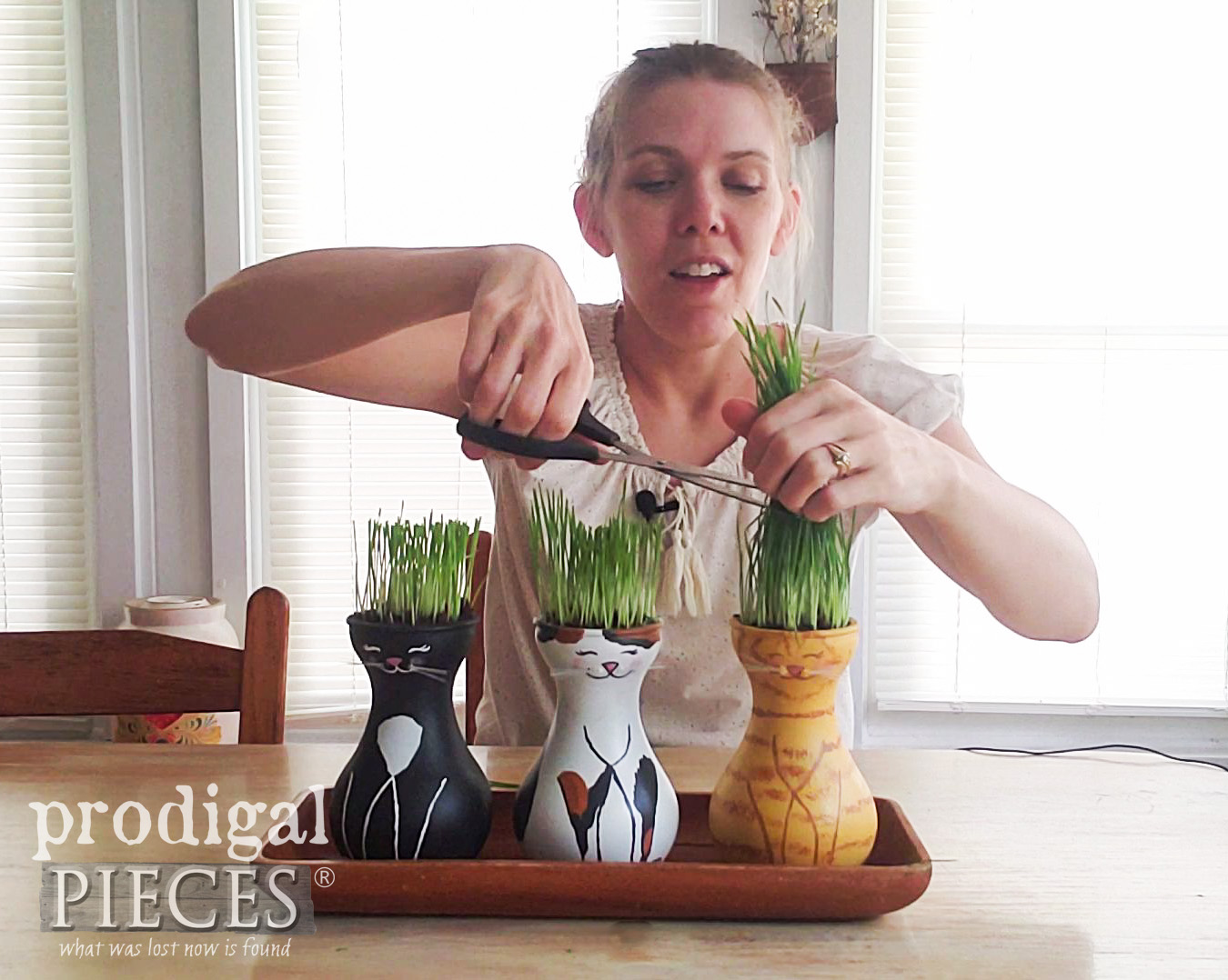 Cutting Wheatgrass Cat Grass for Recipes by Larissa of Prodigal Pieces | prodigalpieces.com #prodigalpieces #food #health #pets #diy #home #homedecor