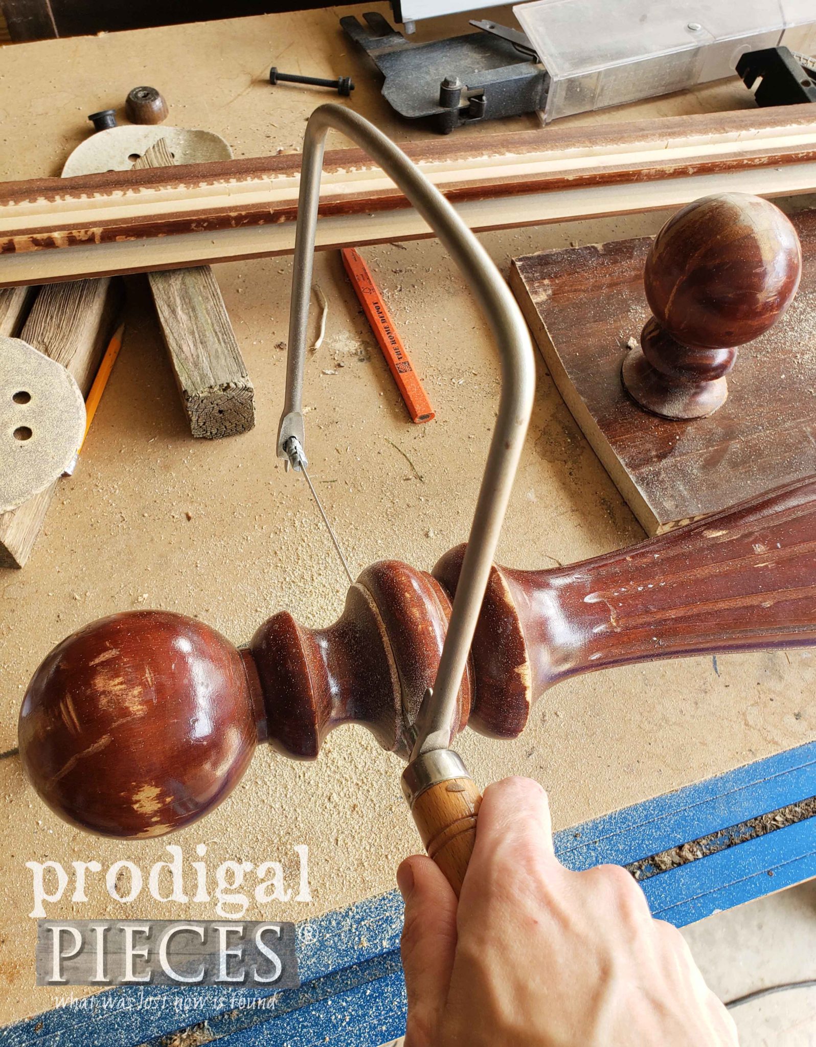 Cutting Finial Off of Old Footboard | prodigalpieces.com