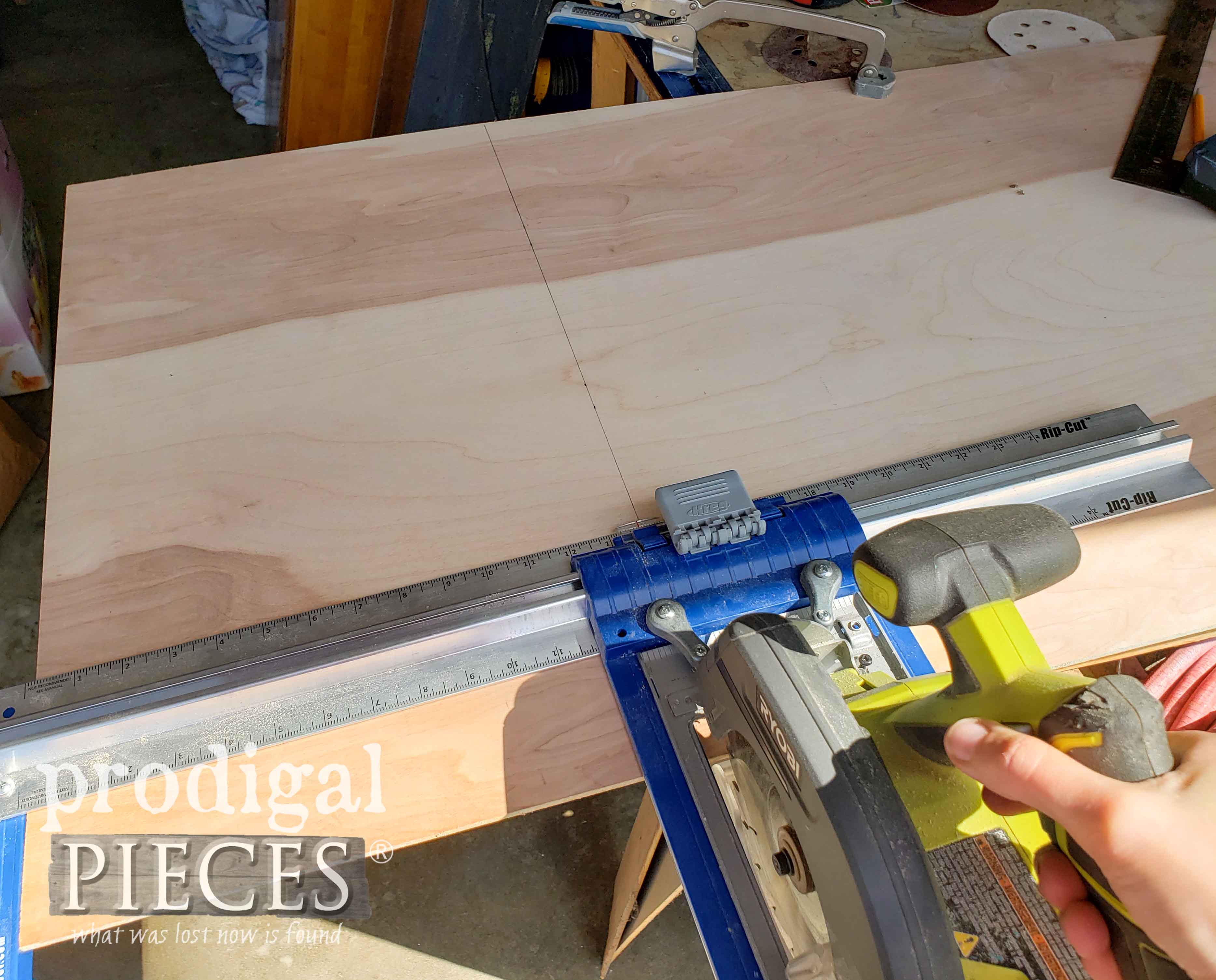 Cutting New Plywood Drawer Bottom with Ryobi Circular Saw and Rip Cut Jig | prodigalpieces.com