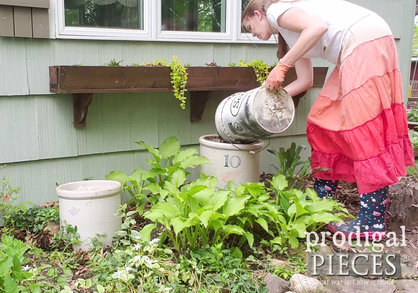 Filling Broken Crock Planters with Potting Soil | prodigalpieces.com