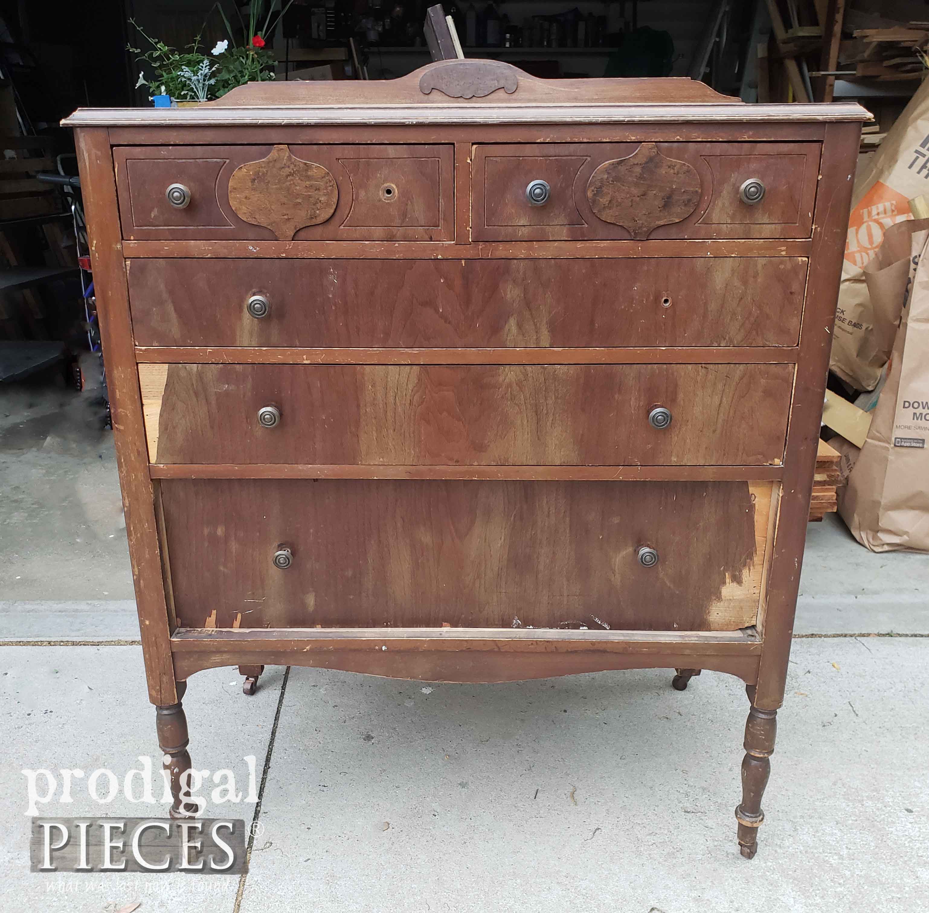 Antique Chest of Drawers with Damage Before Makeover by Prodigal Pieces | prodigalpieces.com