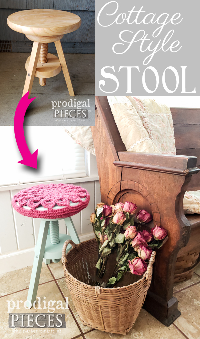 Take a look at how this boring thrifted stool got a makeover. Cute! Head to Prodigal Pieces for the the details on this cottage style stool makeover with crochet cover | prodigalpieces.com #prodigalpieces #diy #handmade #furniture #home #crochet #cottage #homedecor