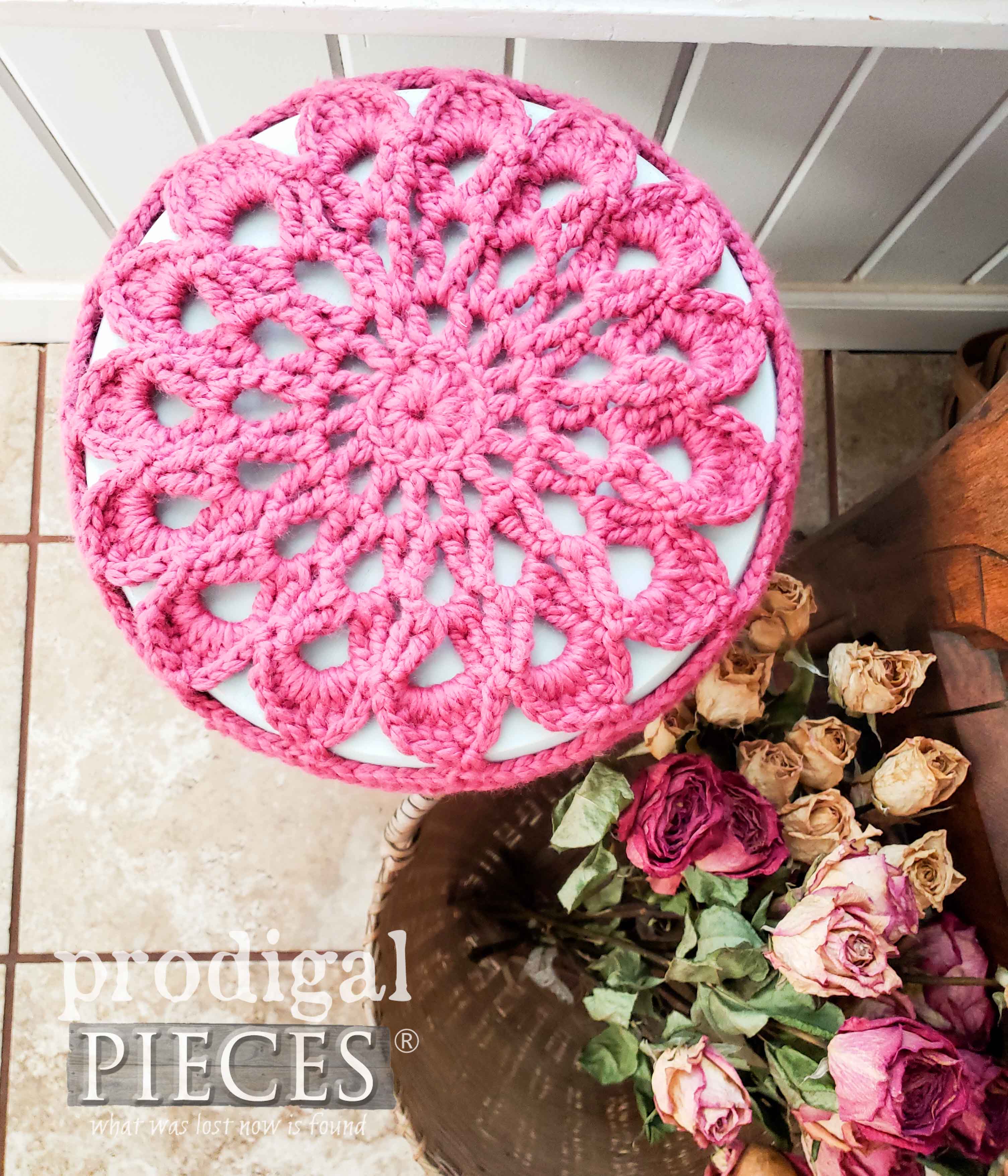 Mandala Style Crochet Stool Cover in Wool Handmade by Larissa of Prodigal Pieces | prodigalpieces.com #prodigalpieces #handmade #furniture #crochet #diy #home #homedecor #cottagestyle