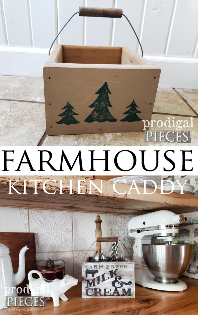 Update that thrift store find with farmhouse style. This farmhouse kitchen caddy now features vintage typography and farmhouse fun. Let Larissa of Prodigal Pieces show you how in her video tutorial | Head to prodigalpieces.com #prodigalpieces #farmhouse #diy #home #homedecor #kitchen #storage
