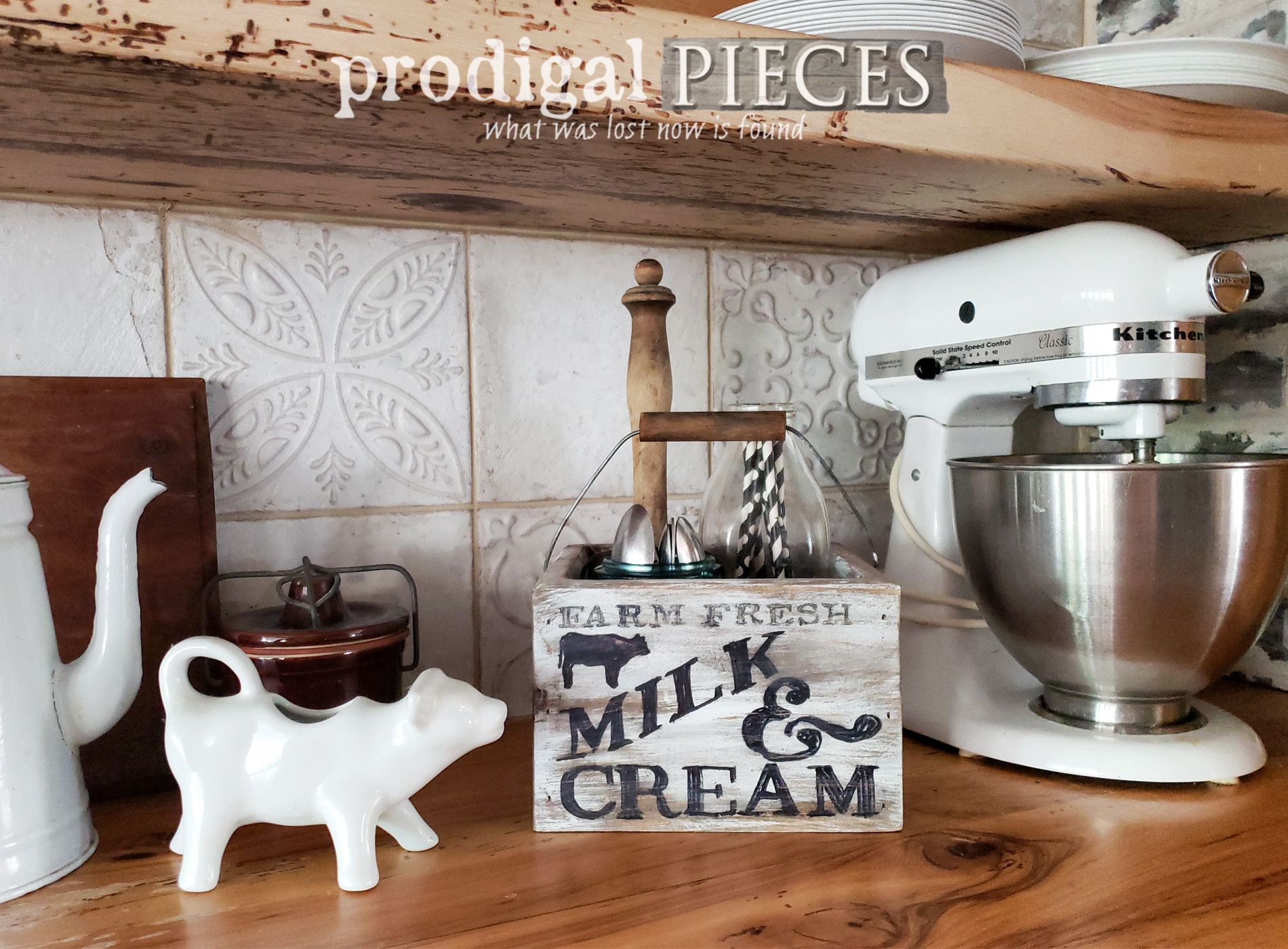 Create your own storage from a thrifted find like this Upcycled Farmhouse Kitchen Caddy | Video tutorial at prodigalpieces.com #prodigalpieces #farmhouse #diy #home #homedecor #kitchen #storage