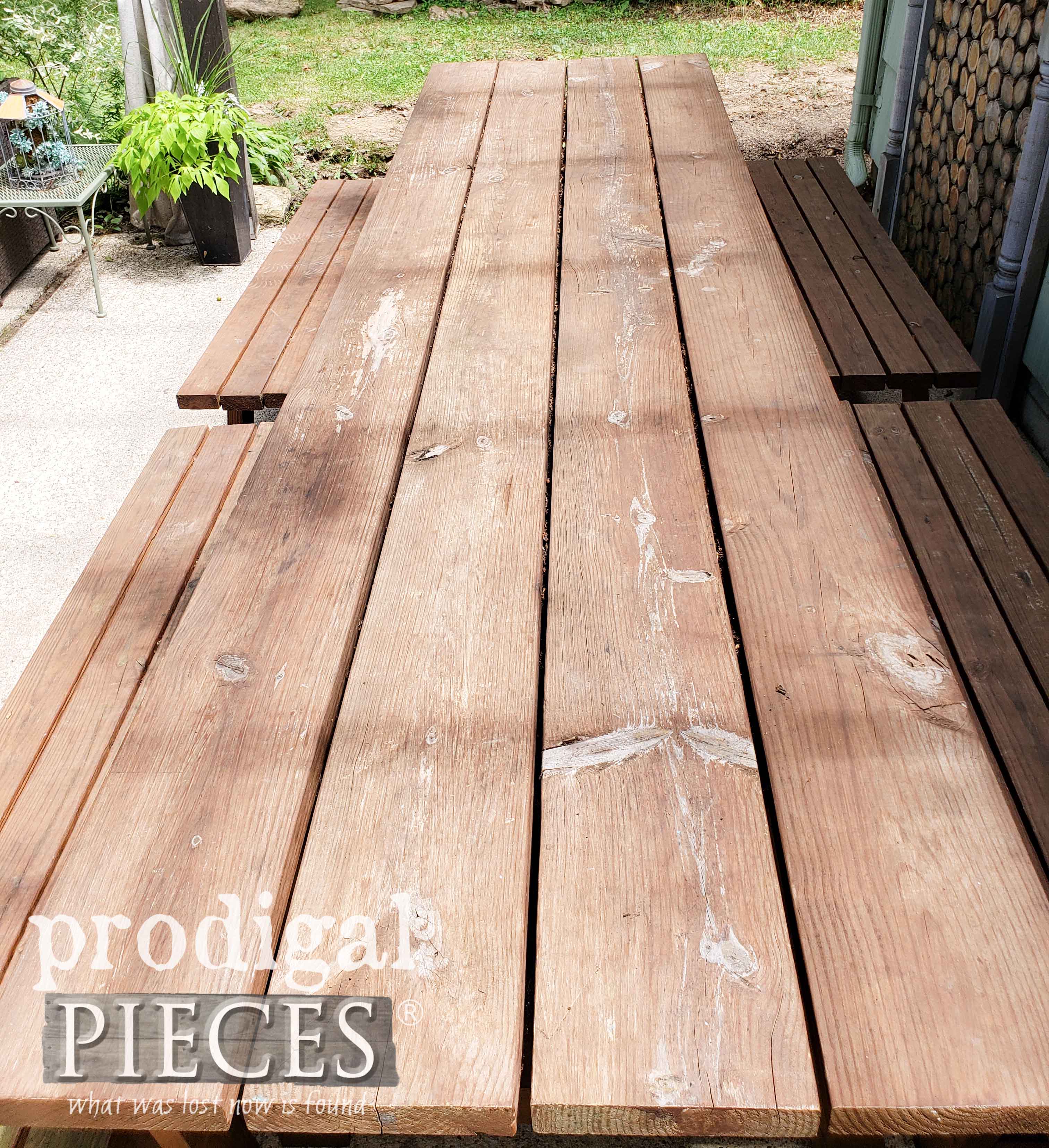 Faded & Worn Picnic Table Top Before Makeover by Prodigal Pieces | prodigalpieces.com