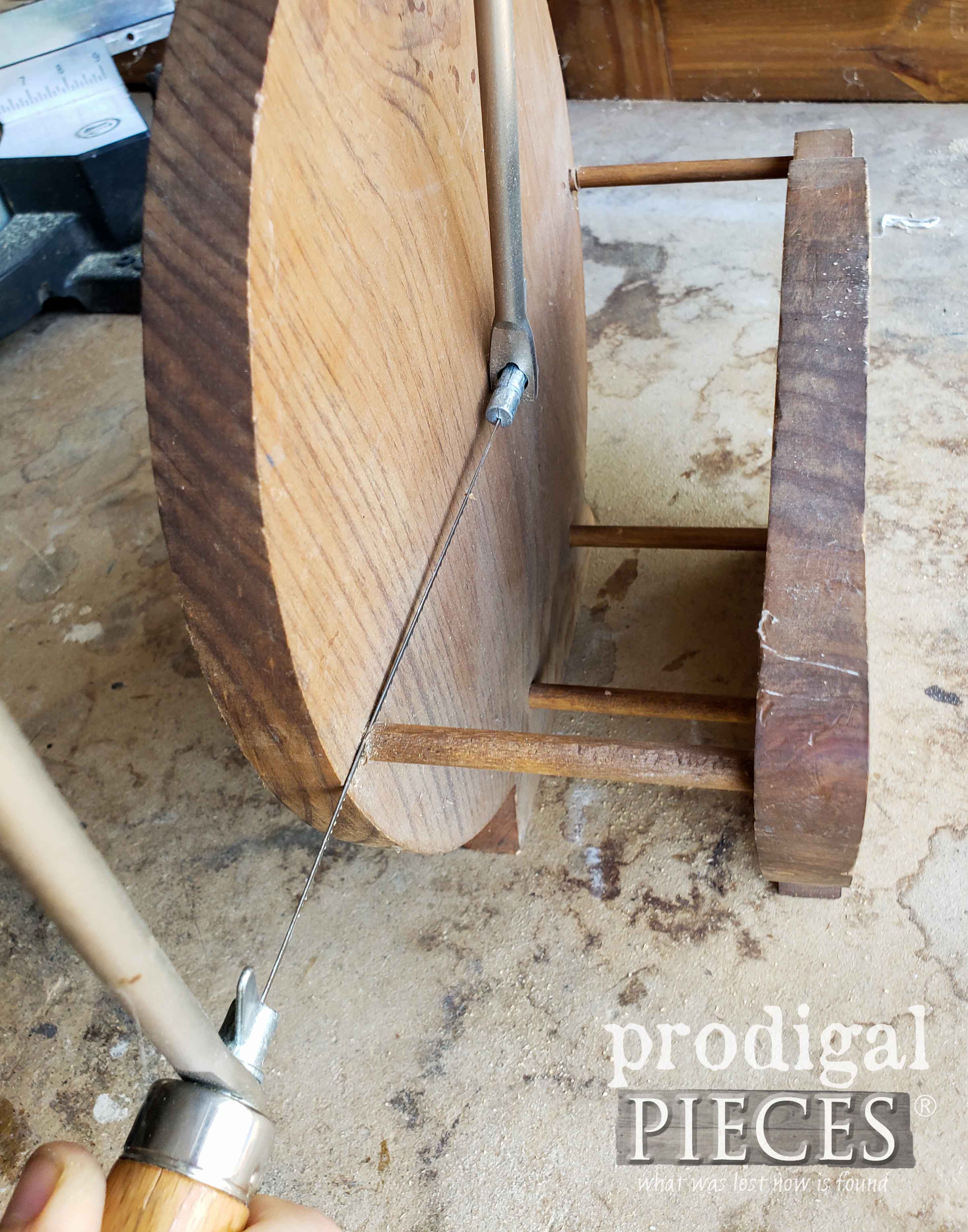 Cutting Upcycled Paper Plate Holder with Coping Saw | prodigalpieces.com #prodigalpieces
