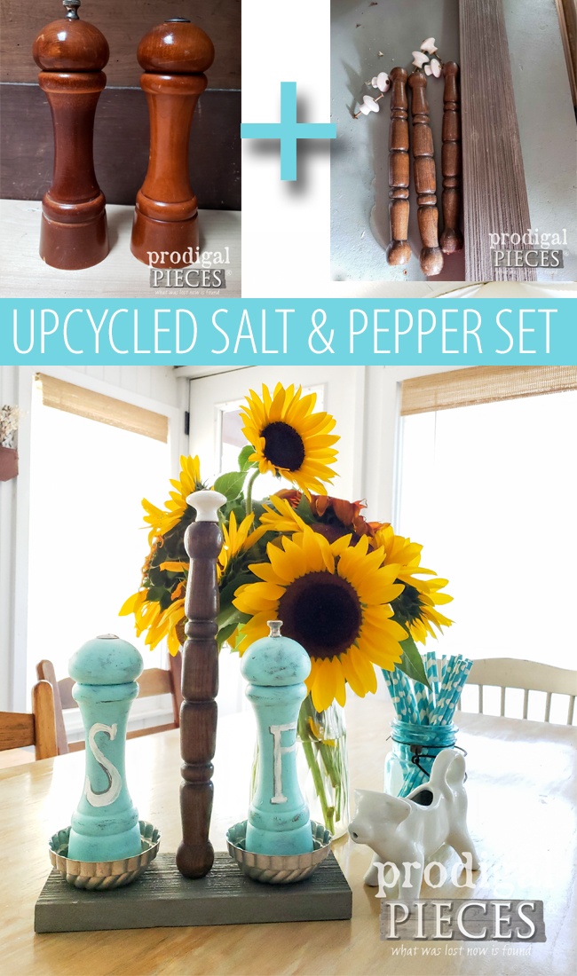 Check out this fun upcycled salt & pepper set with handmade stand. Oh so cute! See the DIY details at Prodigal Pieces | prodigalpieces.com #prodigalpieces #diy #home #farmhouse #homedecor #vintage #upcycle