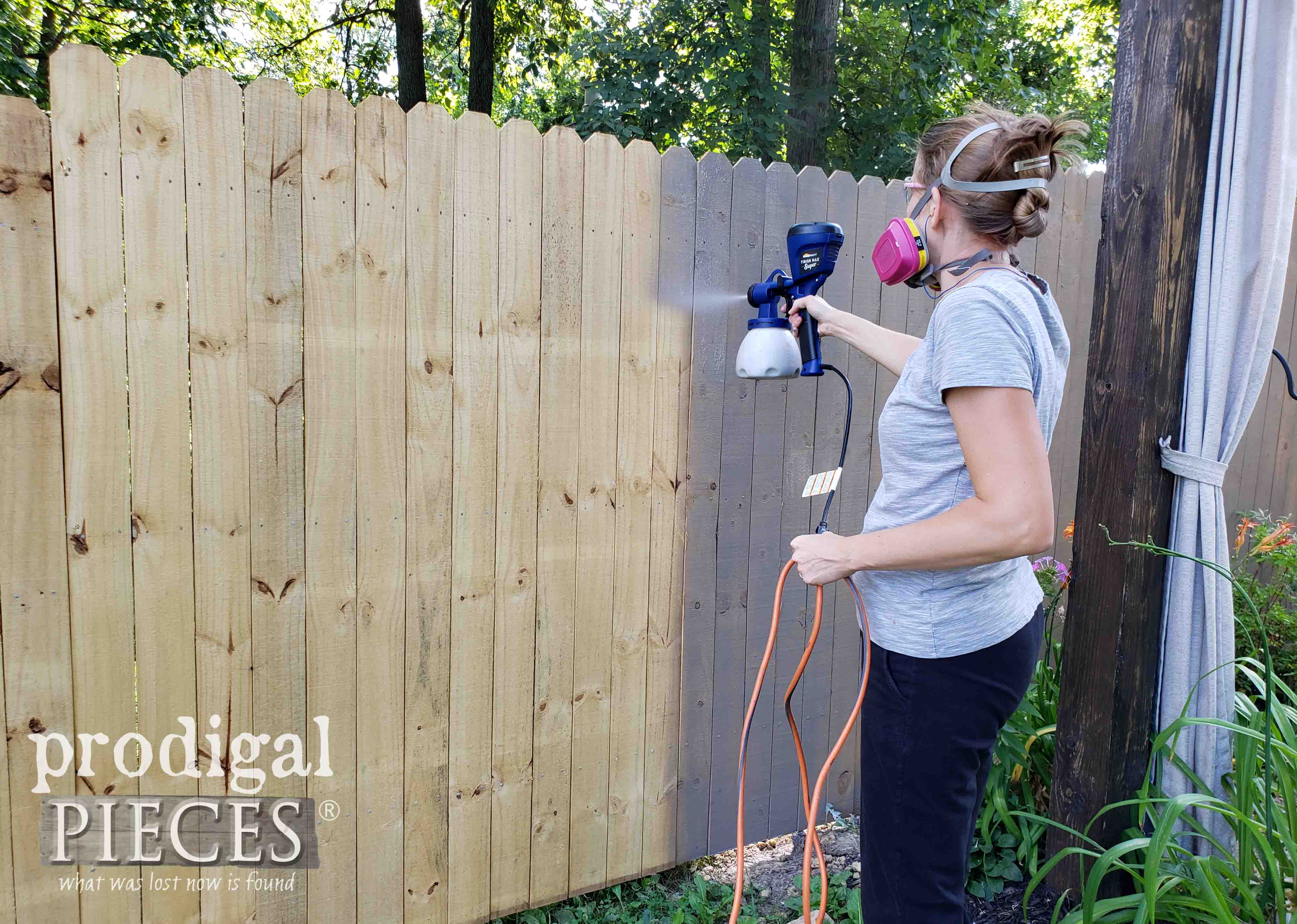 How to Stain a Fence the Fast and Easy Way with the HomeRight Super Finish Max Sprayer | Video Tutorial by Larissa of Prodigal Pieces | prodigalpieces.com #prodigalpieces #diy #homeimprovement #home #homedecor #outdoor