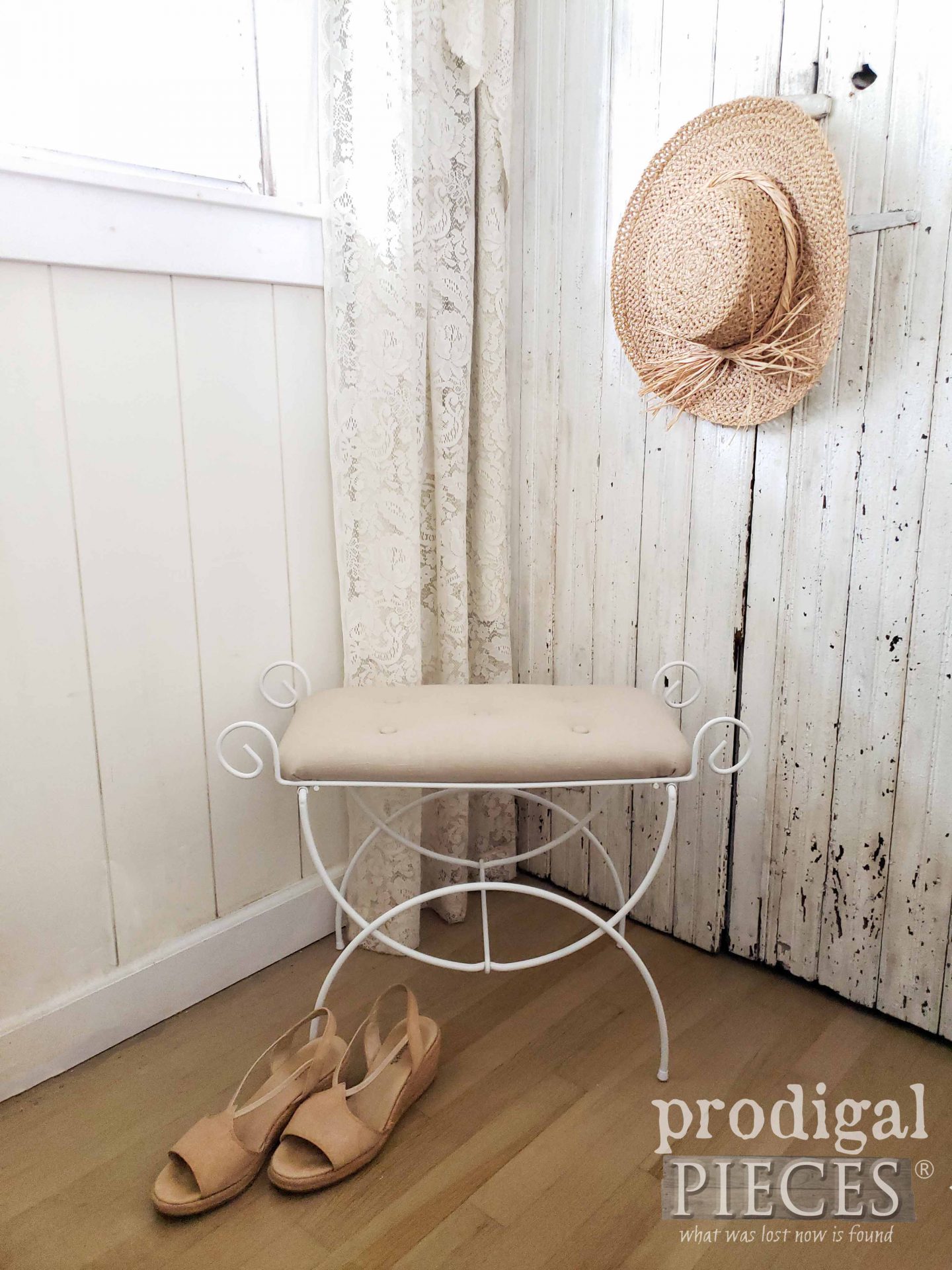 Tufted Linen Upholstered Vanity Seat by Larissa of Prodigal Pieces | prodigalpieces.com #prodigalpieces #furniture #diy #upholstery #linen #home #homedecor #farmhouse #shabbychic