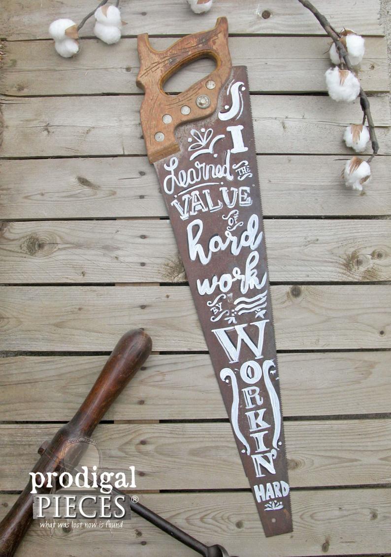Antique Hand Saw with Hand-Painted Typography by Larissa of Prodigal Pieces | prodigalpieces.com #prodigalpieces #handmade #farmhouse #tools #diy #home #homedecor