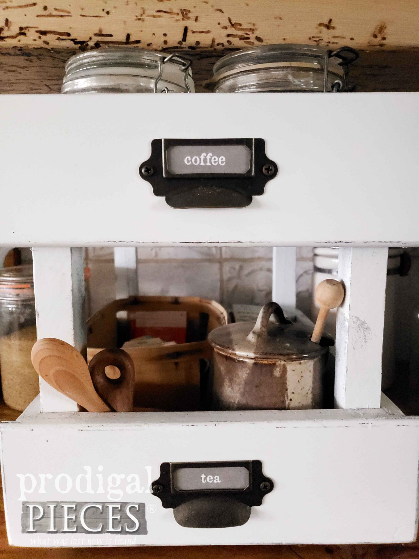 Apothecary Bin Label Pulls on DIY Upcycled Drawers Tiered Stand by Larissa of Prodigal Pieces | prodigalpieces.com #prodigalpieces #farmhouse #diy #home #homedecor