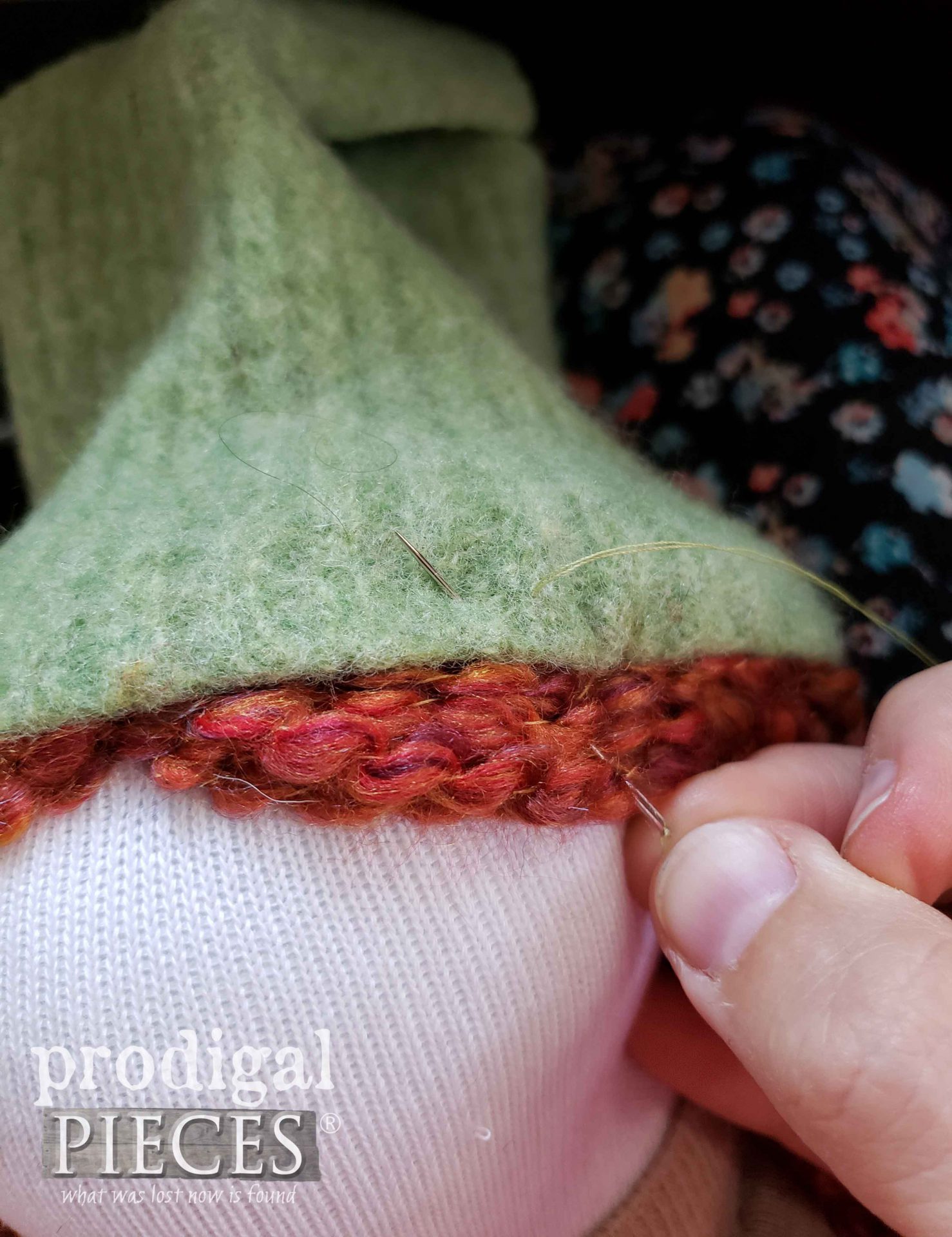 Attaching Upcycled Sock Dolls Hat | prodigalpieces.com