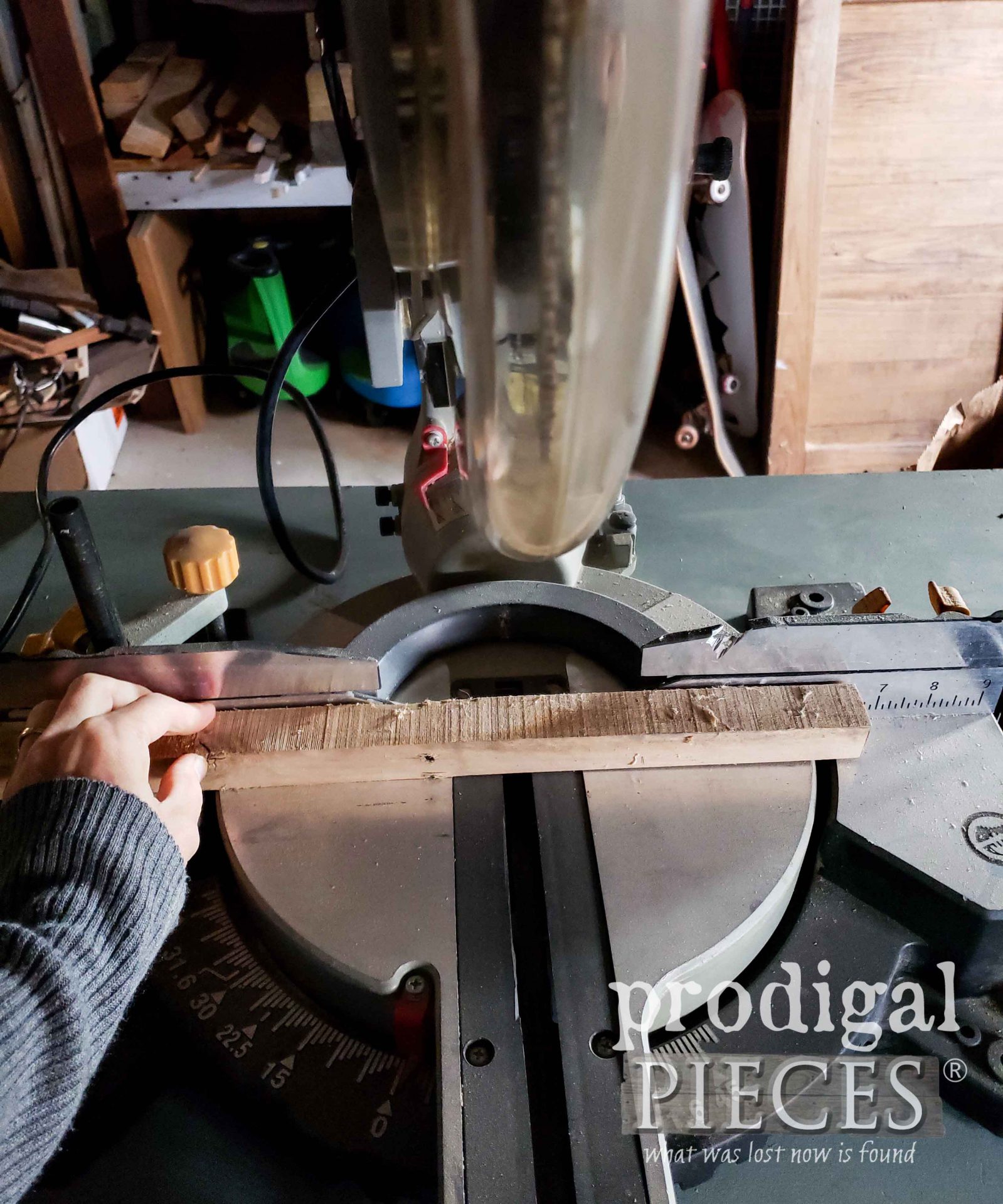 Cutting Upcycled Drawers Tiered Stand Supports on Miter Saw | prodigalpieces.com
