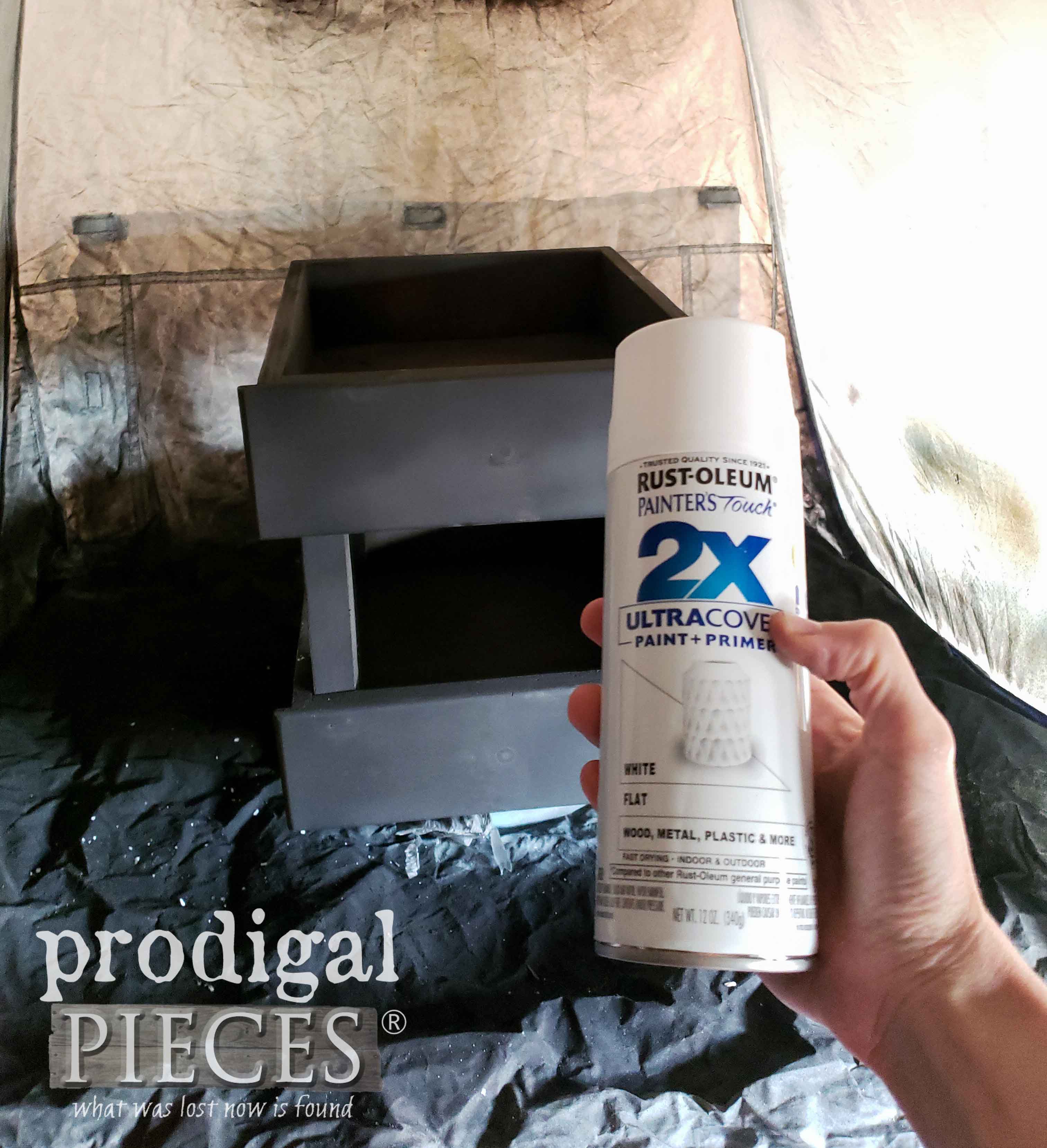 Spray Painting Upcycled Drawers Tiered Stand in HomeRight Small Spray Shelter | prodigalpieces.com