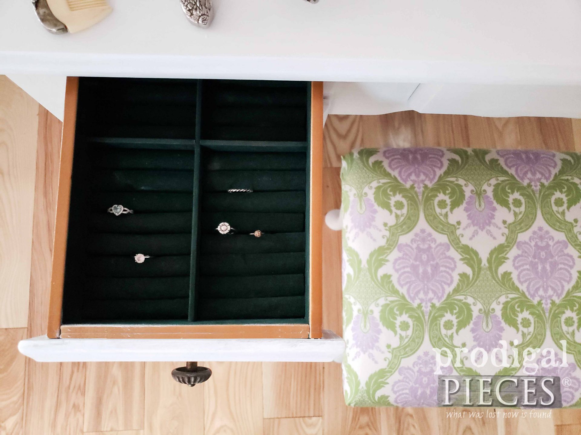 Ring Storage Drawer Built In to Girls Vintage Vanity Table by Prodigal Pieces | prodigalpieces.com #prodigalpieces #diy #home #homedecor #furntiure