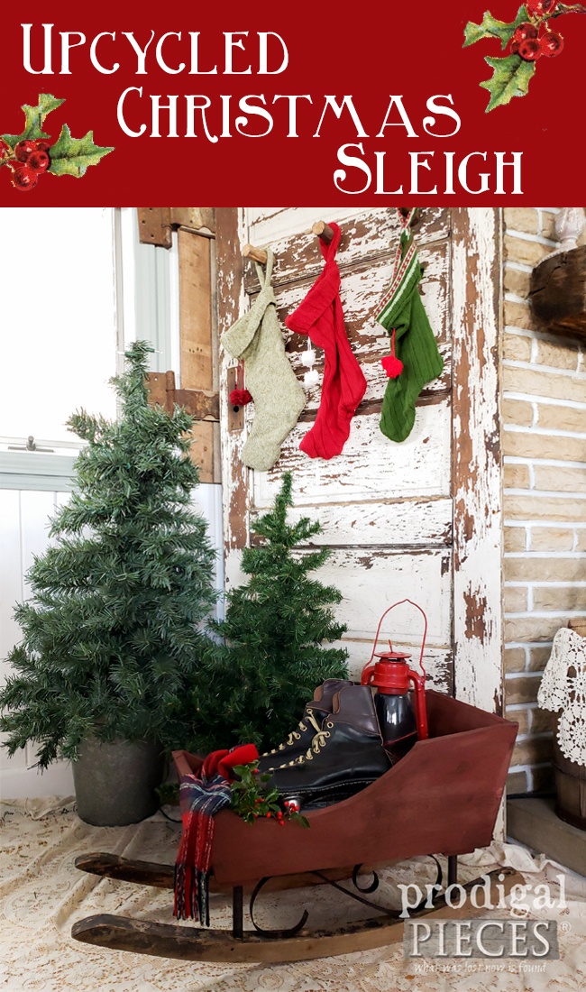 How amazingly cute!! Larissa of Prodigal Pieces took a piece of curbside siding and broken rocking chair rockers to create this upcycled Christmas sleigh. See the DIY fun at prodigalpieces.com #prodigalpieces #christmas #diy #home #homedecor #farmhouse