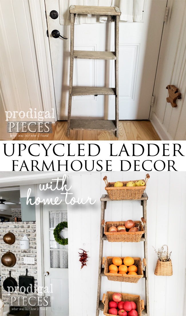 Grab that old broken ladder and turn it into farmhouse decor. Come take the home tour of Larissa of Prodigal Pieces to be inspired to create your own home story | Head to prodigalpieces.com #prodigalpieces #farmhouse #home #homedecor #hometour #video #diy