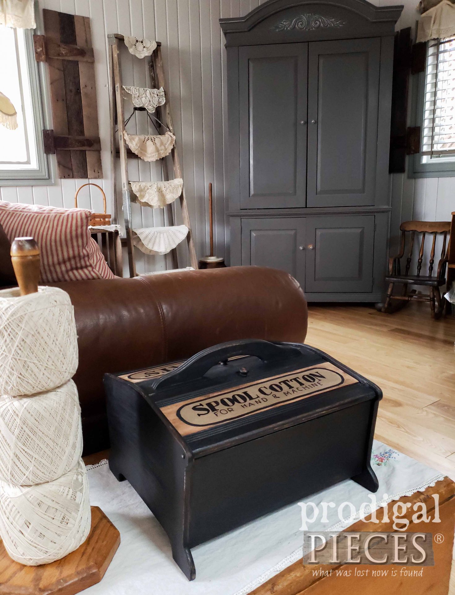 Farmhouse Style Remote Control Holder created from a vintage sewing box by Larissa of Prodigal Pieces | prodigalpieces.com #prodigalpieces #farmhouse #diy #home #storage #homedecor