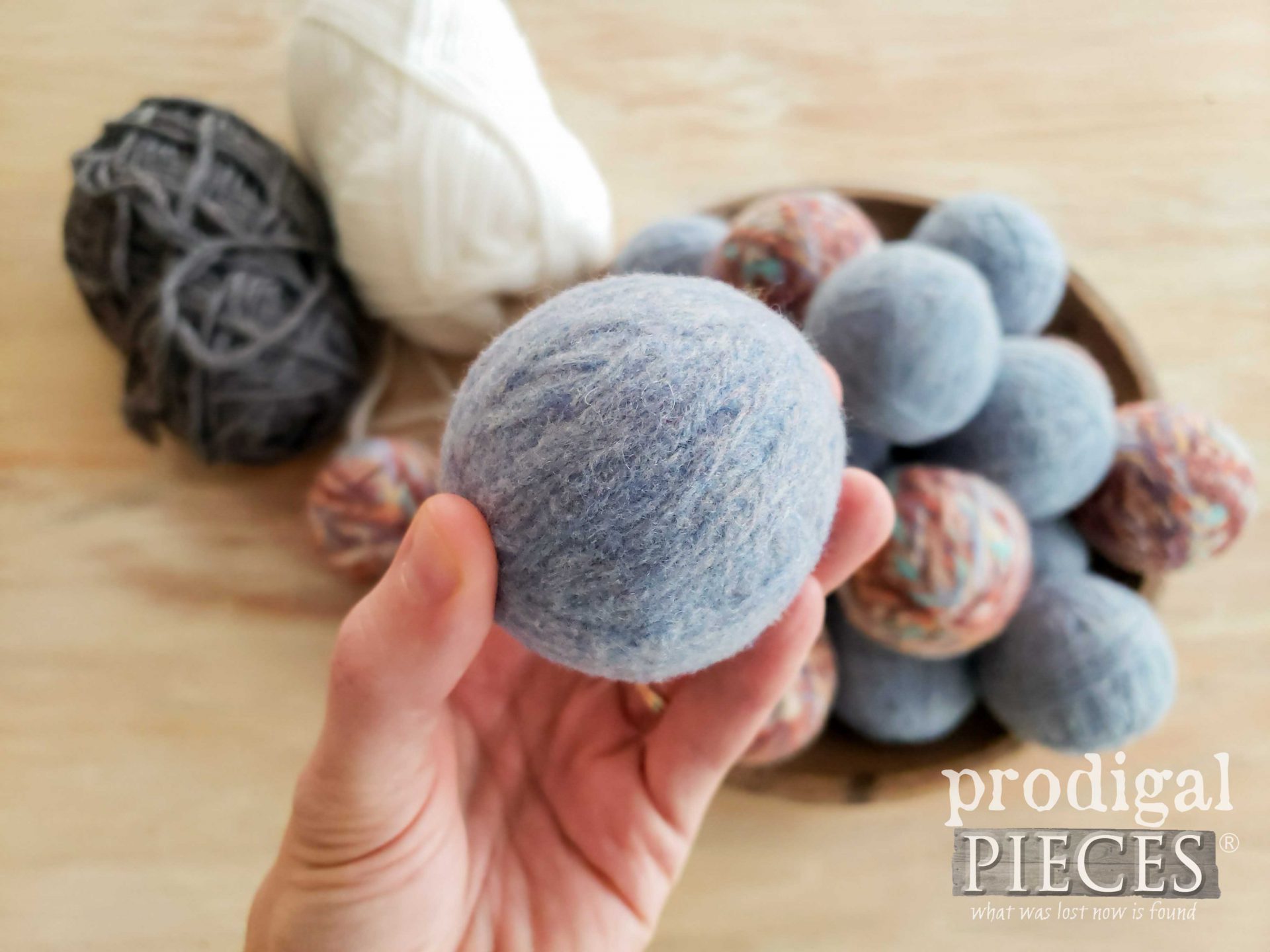 Handmade Wood Dryer Ball from Upcycled Sweater by Larissa of Prodigal Pieces | prodigalpieces.com #prodigalpieces #diy #home #crafts #farmhouse #yarn #laundry