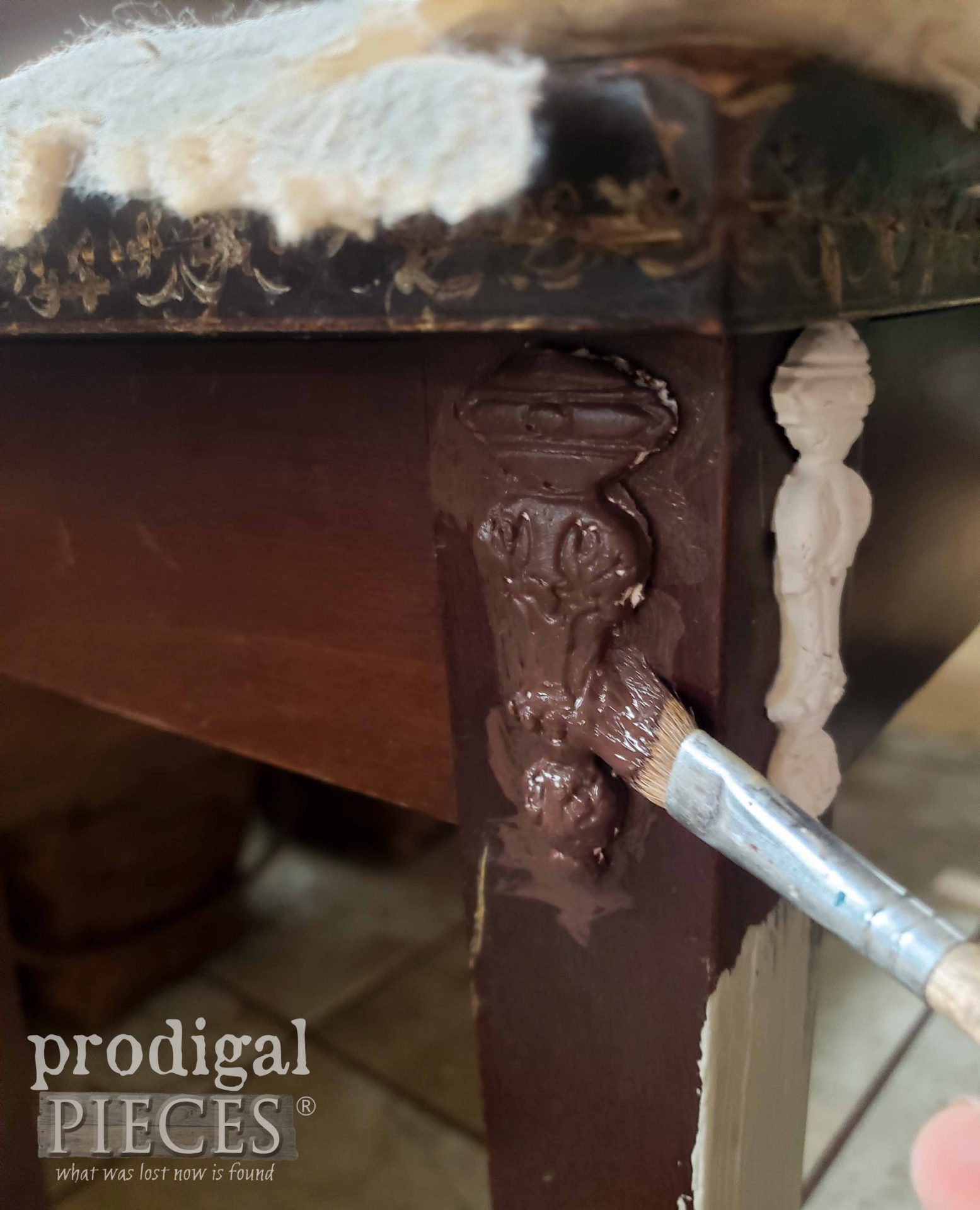 Painting Paper Clay Accents on Vintage Piano Bench by Larissa of Prodigal Pieces | prodigalpieces.com