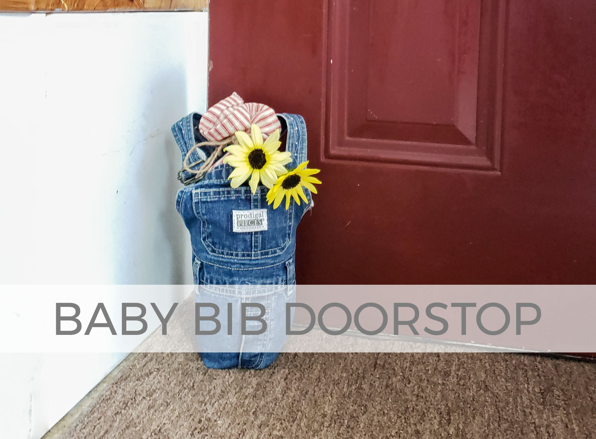 Upcycled baby bib overalls doorstop by Larissa of Prodigal Pieces | prodigalpieces.com #prodigalpieces