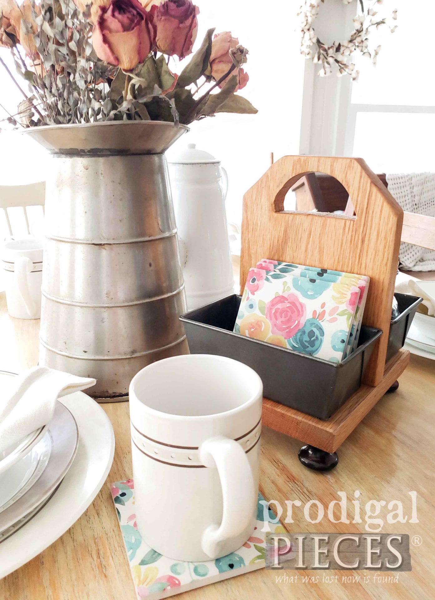Cottage Style Table Setting with Upcycled Bread Pan Caddy by Larissa of Prodigal Pieces | prodigalpieces.com #prodigalpieces #diy #home #homedecor
