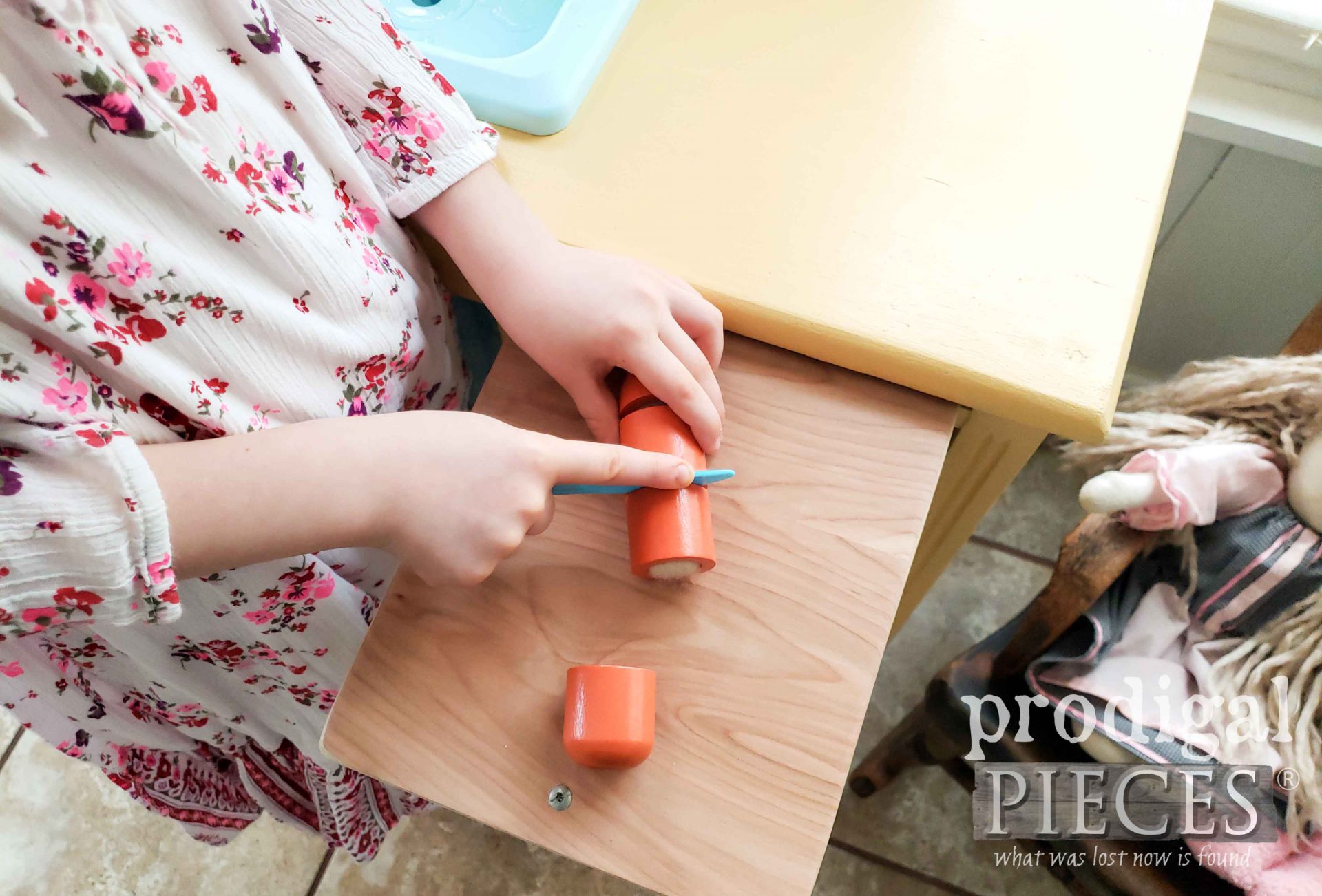 Pretend Cutting Board in Upcycled Play Kitchen by Larissa of Prodigal Pieces | prodigalpieces.com #prodigalpieces #kids #pretend #play #furniture