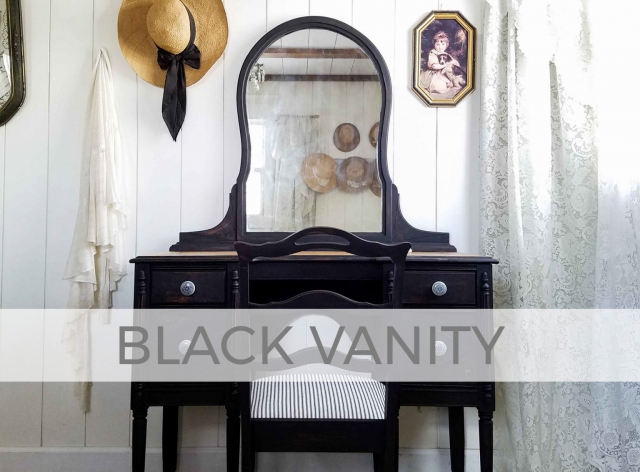 Antique Black Vanity with Ticking Stripe Chair by Larissa of Prodigal Pieces | prodigalpieces.com #prodigalpieces #furniture #diy #farmhouse #antique