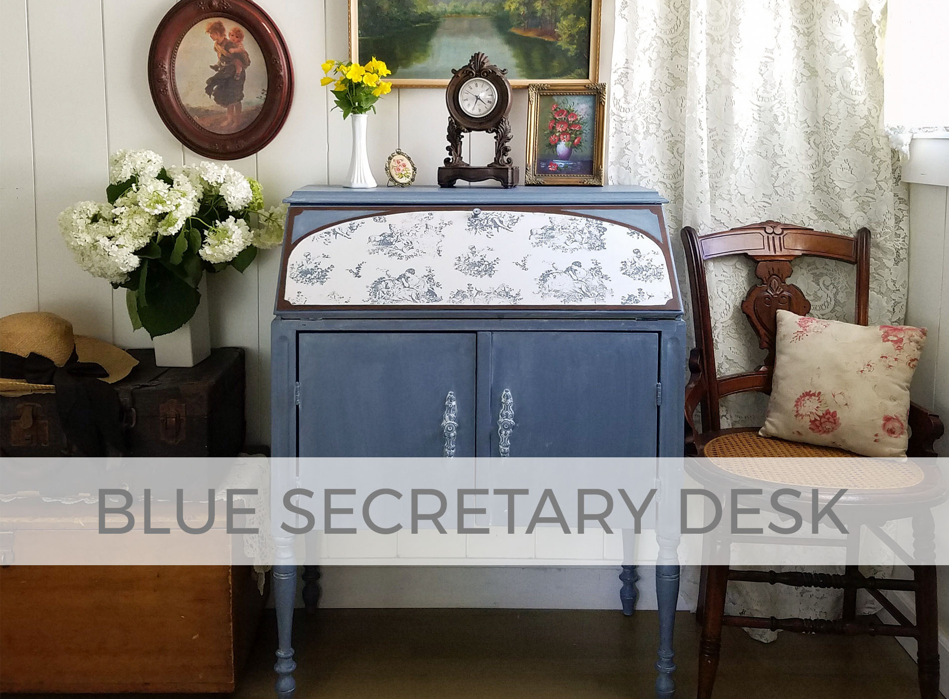 Blue Secretary Desk with Toile Painting by Larissa of Prodigal Pieces | prodigalpieces.com
