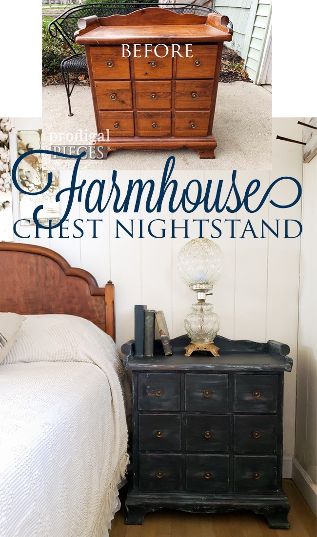 This boring thrifted nightstand got a story-telling makeover into a farmhouse chest nightstand by Larissa of Prodigal Pieces into a farmhouse chest nightstand | Details at prodigalpieces.com #prodigalpieces #diy #furniture #farmhouse #bedroom #vintage #homedecor