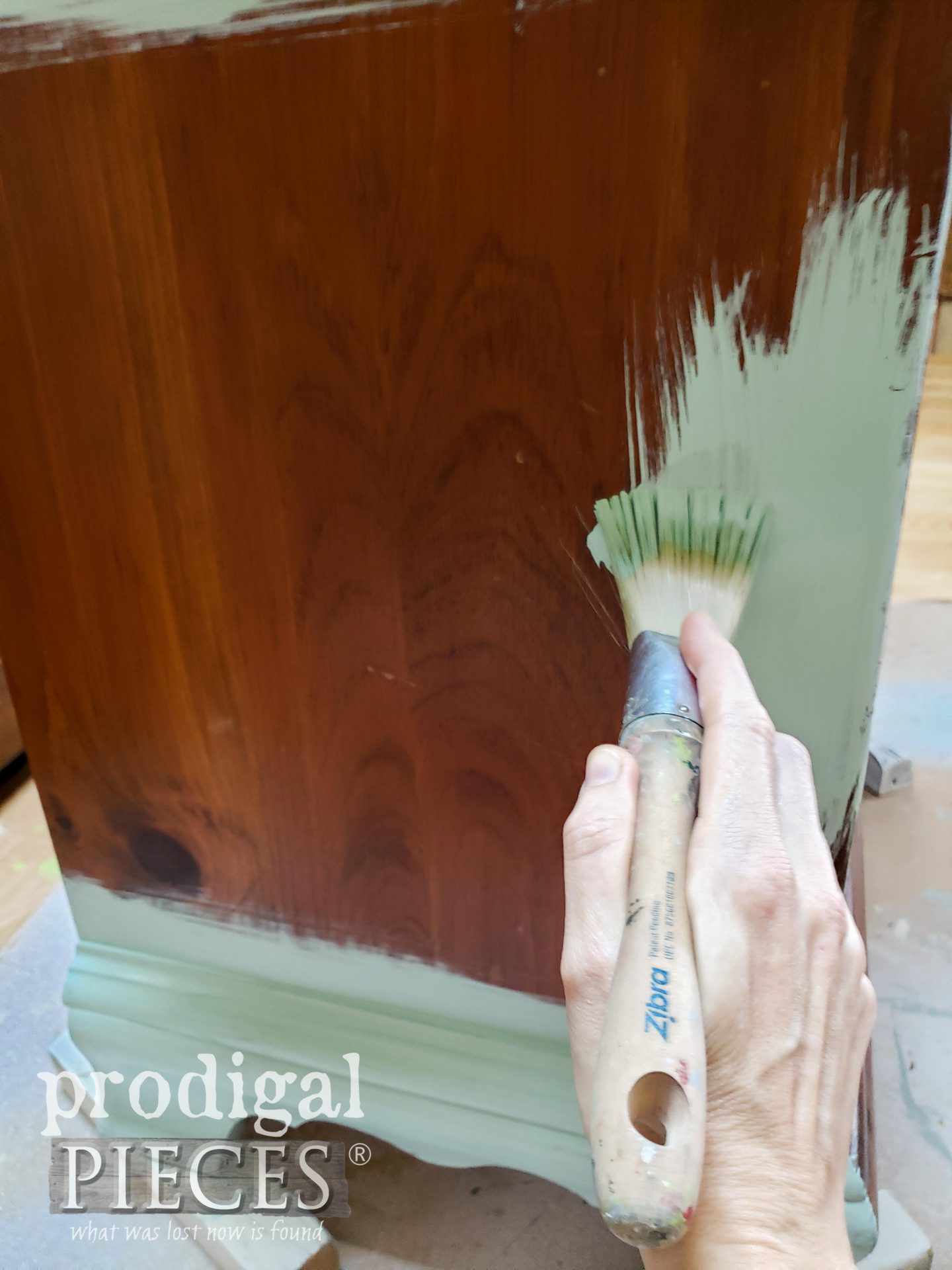 Painting Aqua Color on Pine Farmhouse Chest Nightstand | prodigalpieces.com