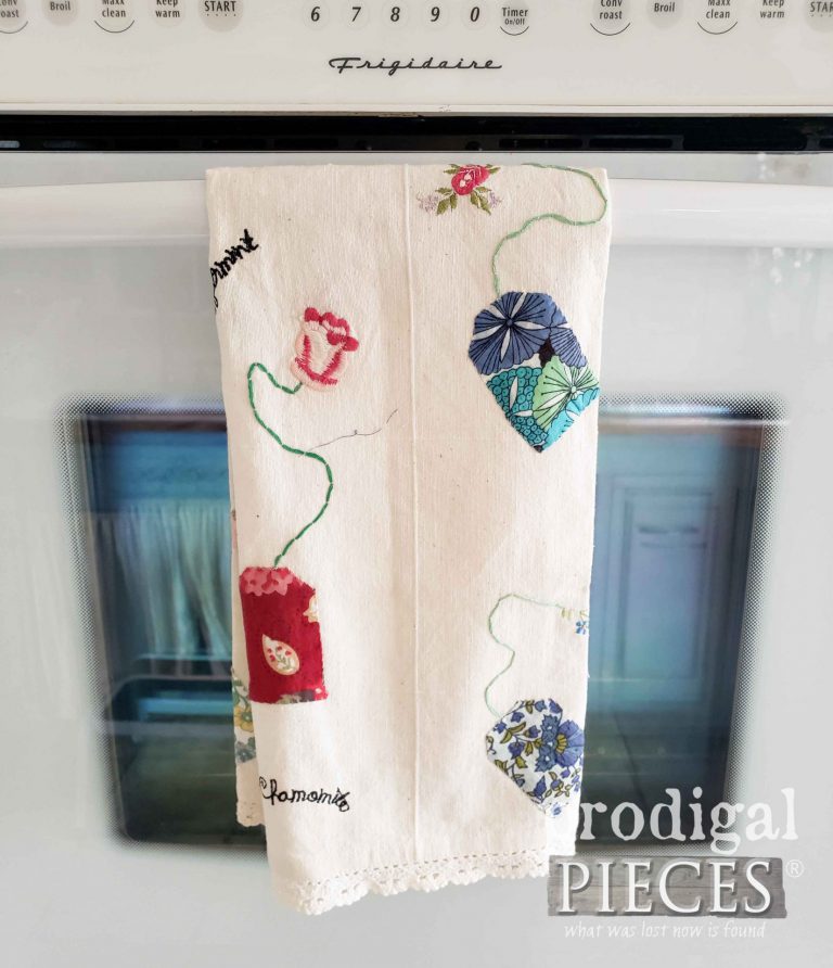 Refashioned Tea Towel Bag with Embroidery - Prodigal Pieces