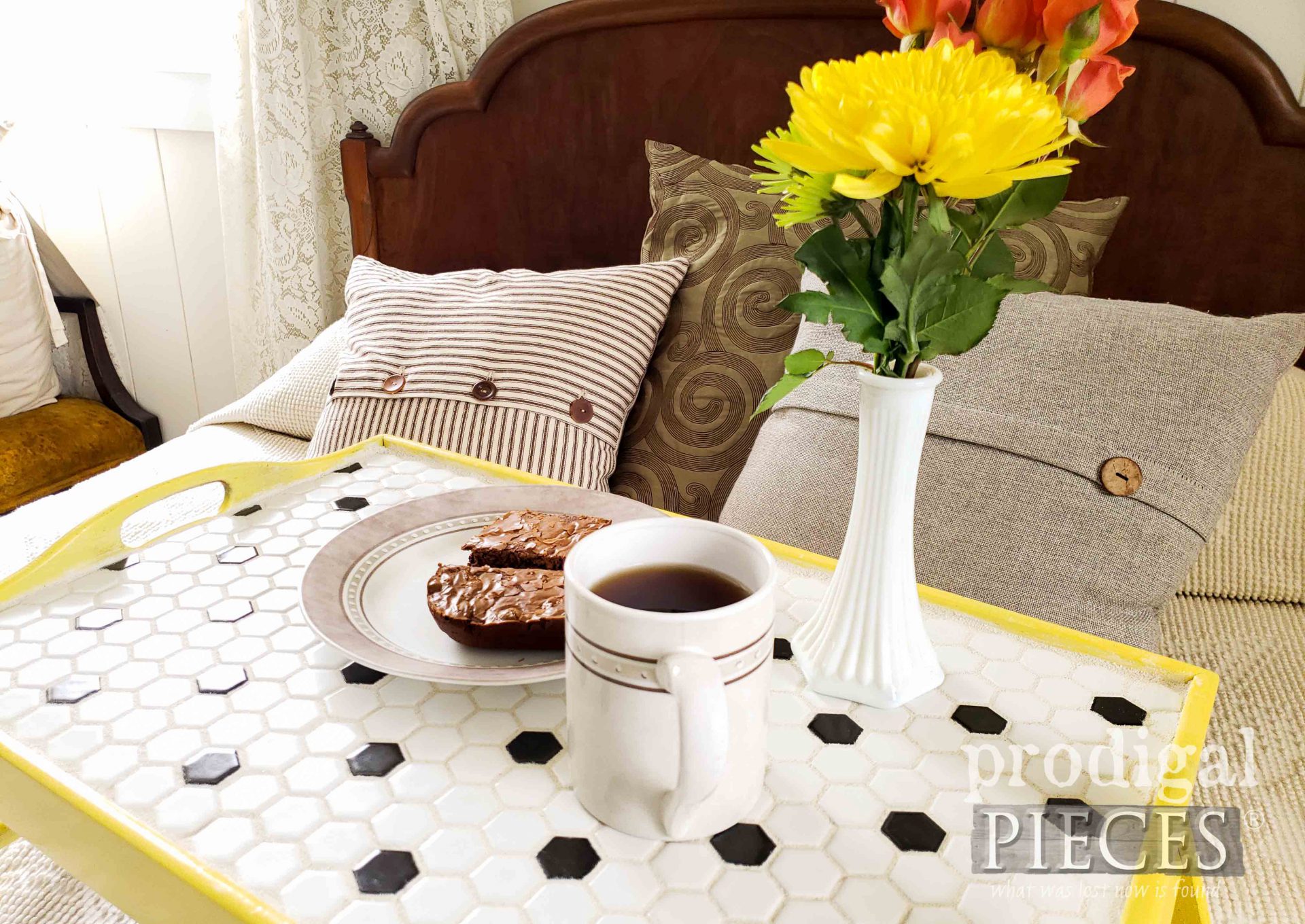 Breakfast Snack in Bed on Tiled Tray by Larissa of Prodigal Pieces | prodigalpieces.com #prodigalpieces #bedroom #diy