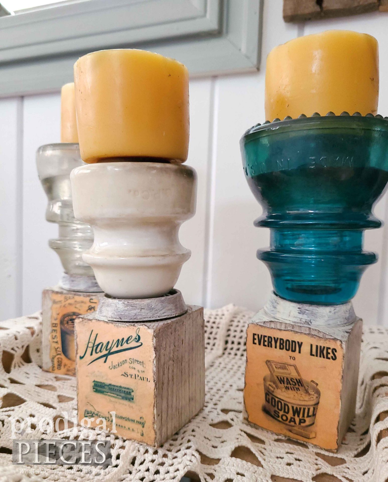 Farmhouse Upcycled Antique Insulator Candle Holders by Larissa of Prodigal Pieces | prodigalpieces.com #prodigalpieces #farmhouse #diy #rustic #handmade