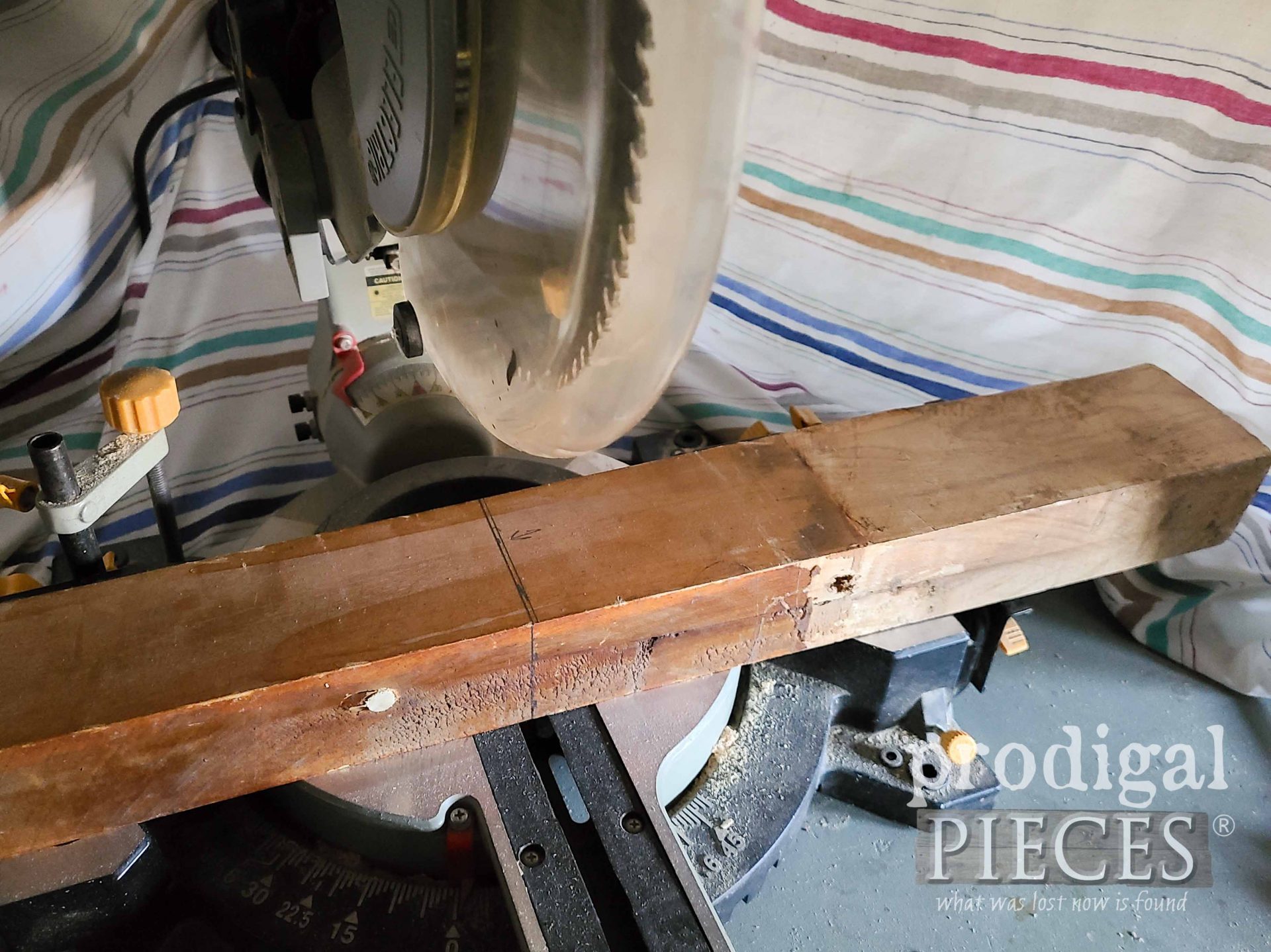 Miter Saw Cutting Reclaimed Coffee Table Legs | prodigalpieces.com #prodigalpieces