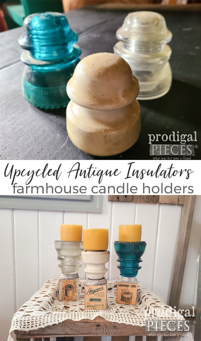Upcycled Antique Insulators turned into Farmhouse Candle Holders by Larissa of Prodigal Pieces | prodigalpieces.com #prodigalpieces #farmhouse #home #homedecor #handmade #upcycled