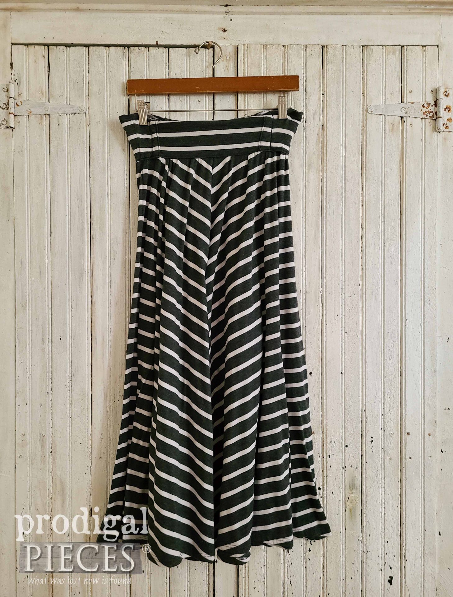 Navy Blue Strip Skirt Before Upcycle Refashion by Prodigal Pieces | prodigalpieces.com