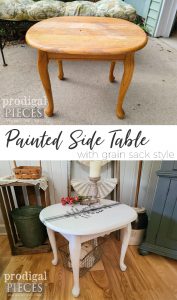 Painted Side Table with Grain Sack Design - Prodigal Pieces