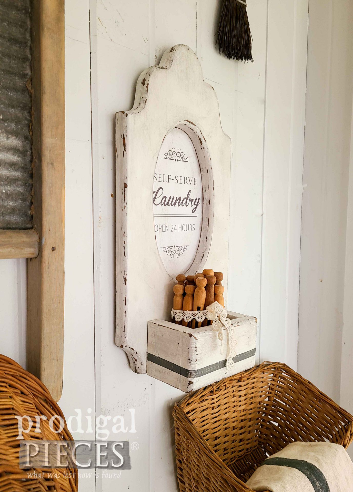 DIY Farmhouse Laundry Sign Holder for Thrifty Decor Makeovers by Larissa of Prodigal Pieces | prodigalpieces.com #prodigalpieces #farmhouse #laundry #diy