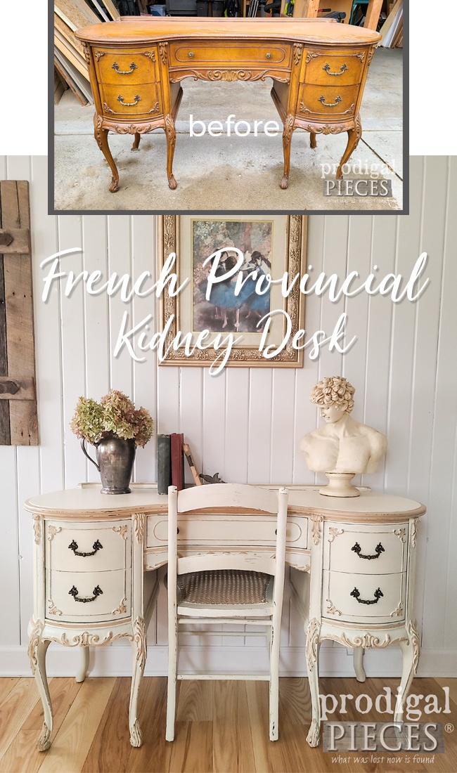 What a beautiful transformation of a vintage French provincial kidney desk in Hollywood regency style by Larissa of Prodigal Pieces | prodigalpieces.com #prodigalpieces #furniture #diy #vintage #shabbychic #frenchprovincial